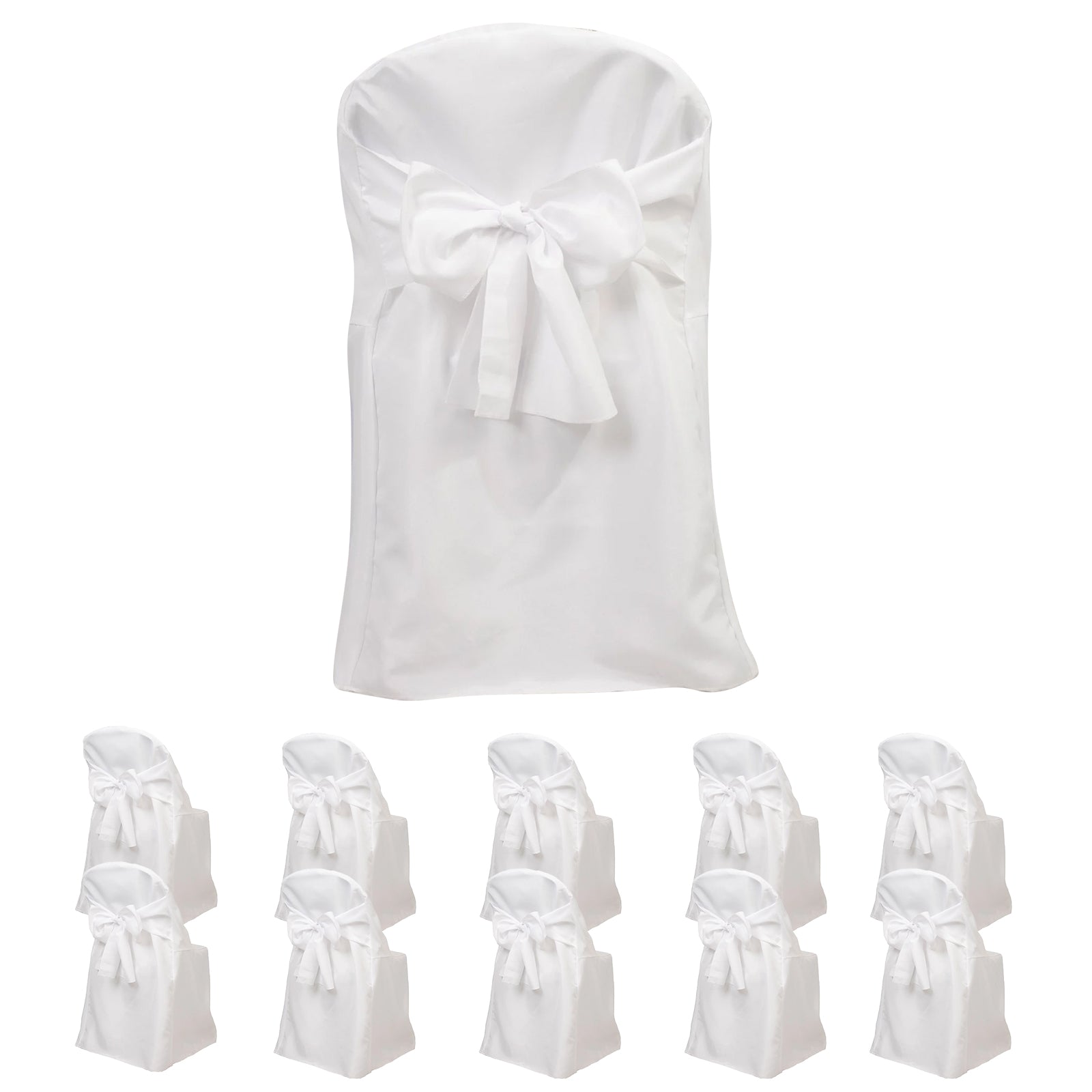 White polyester slip-on chair covers with attached sashes, 10-pack for events.