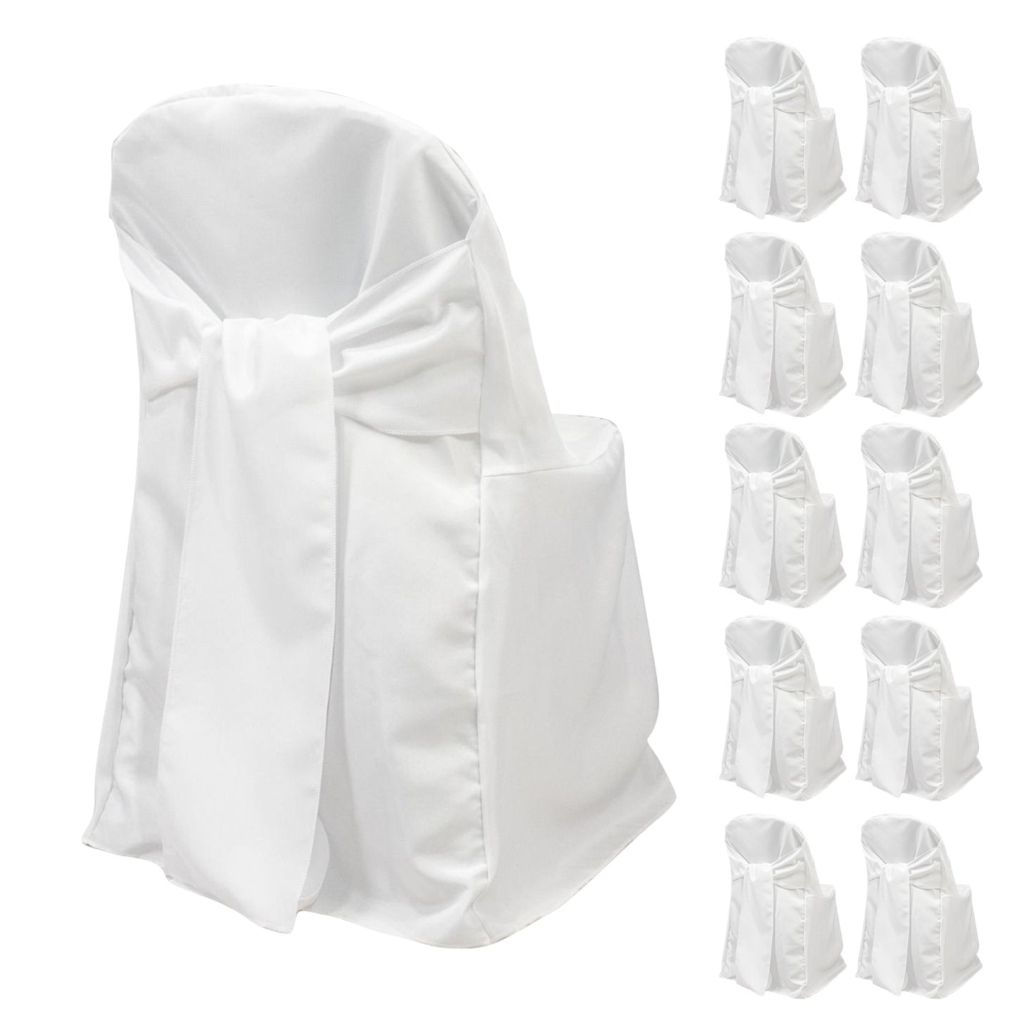 White polyester slip-on chair covers with attached sashes, perfect for events.