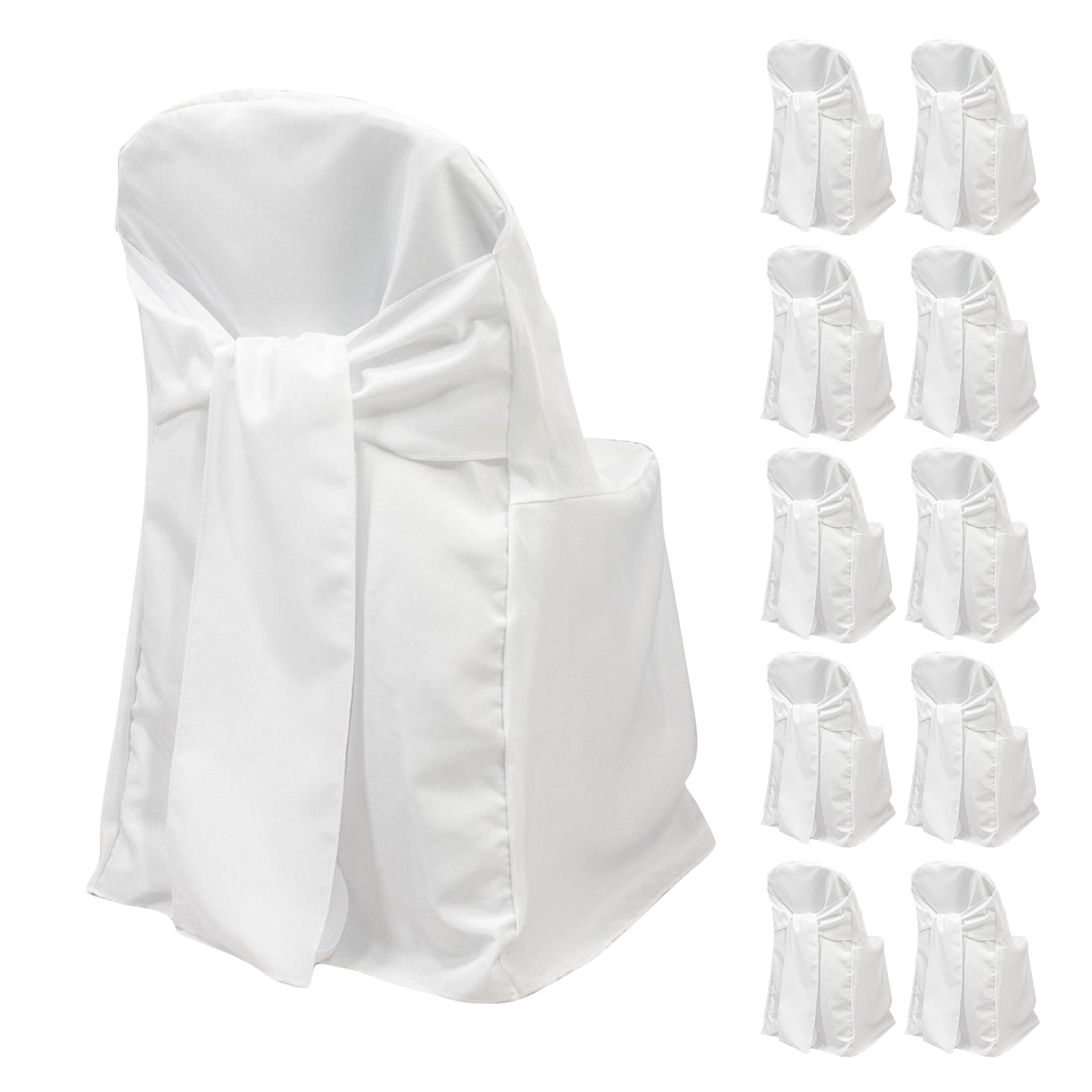White polyester slip-on chair covers with attached sashes, perfect for events.