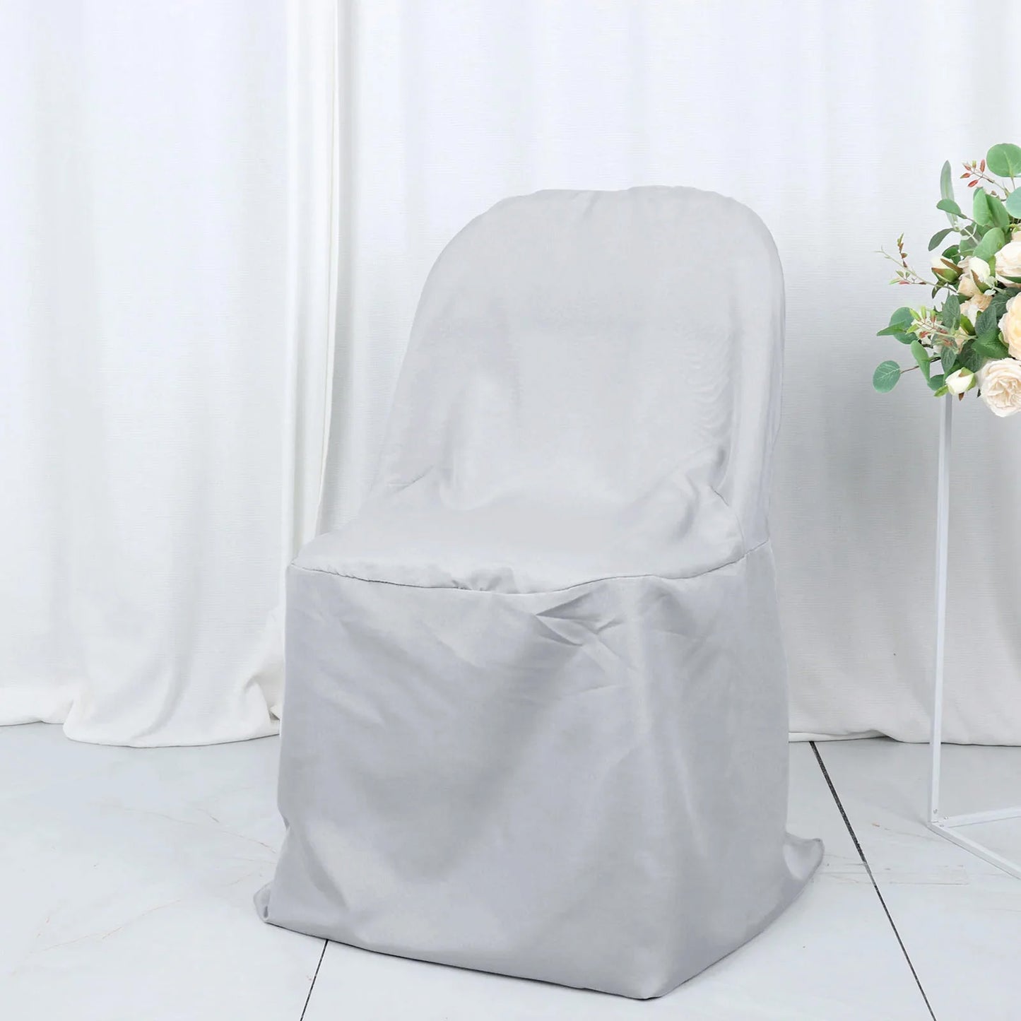 10 Pack Silver Polyester Folding Chair Covers, Reusable Stain Resistant Slip On Chair Covers