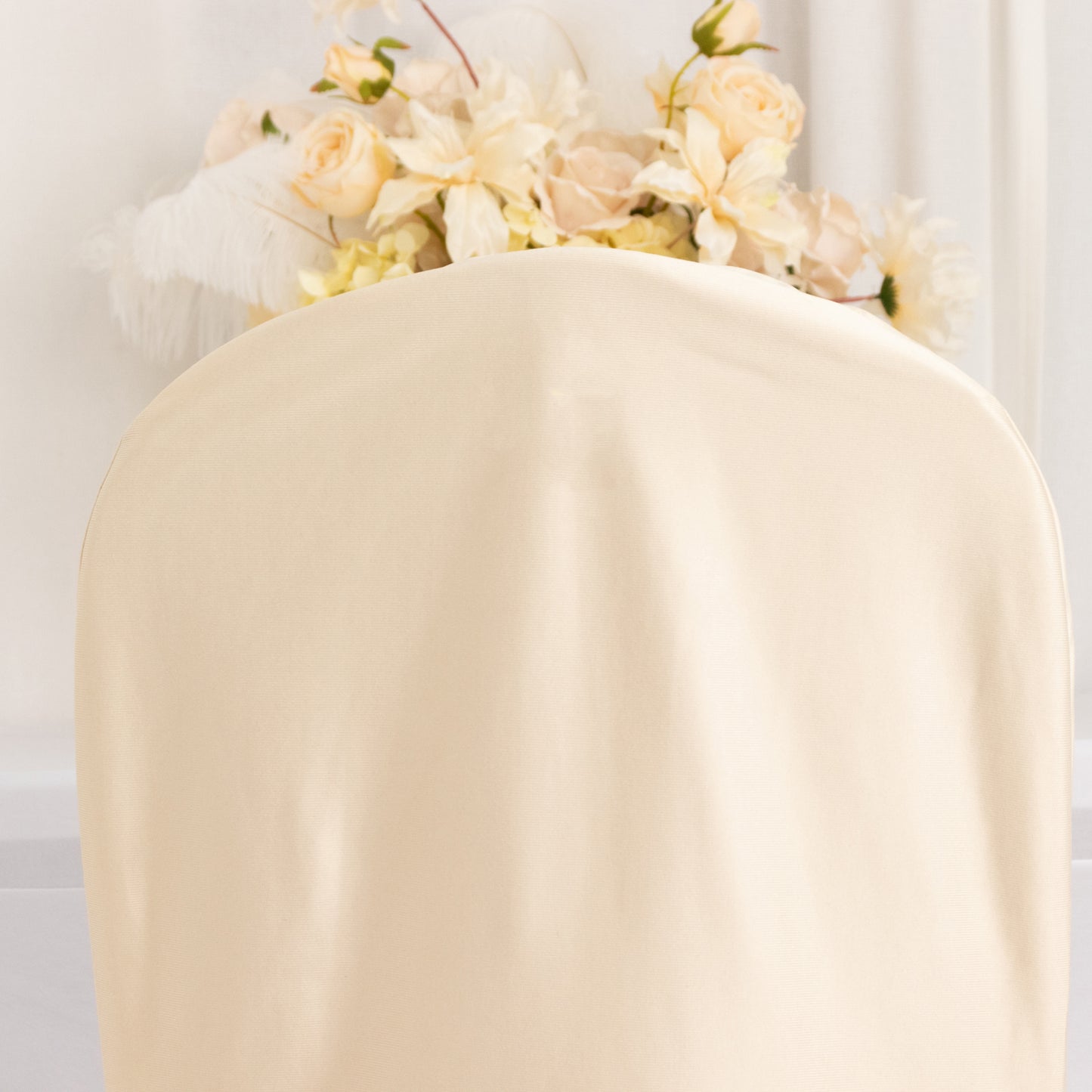 Beige Stretch Slim Fit Scuba Banquet Chair Cover, Wrinkle Free Durable Slip On Chair Cover