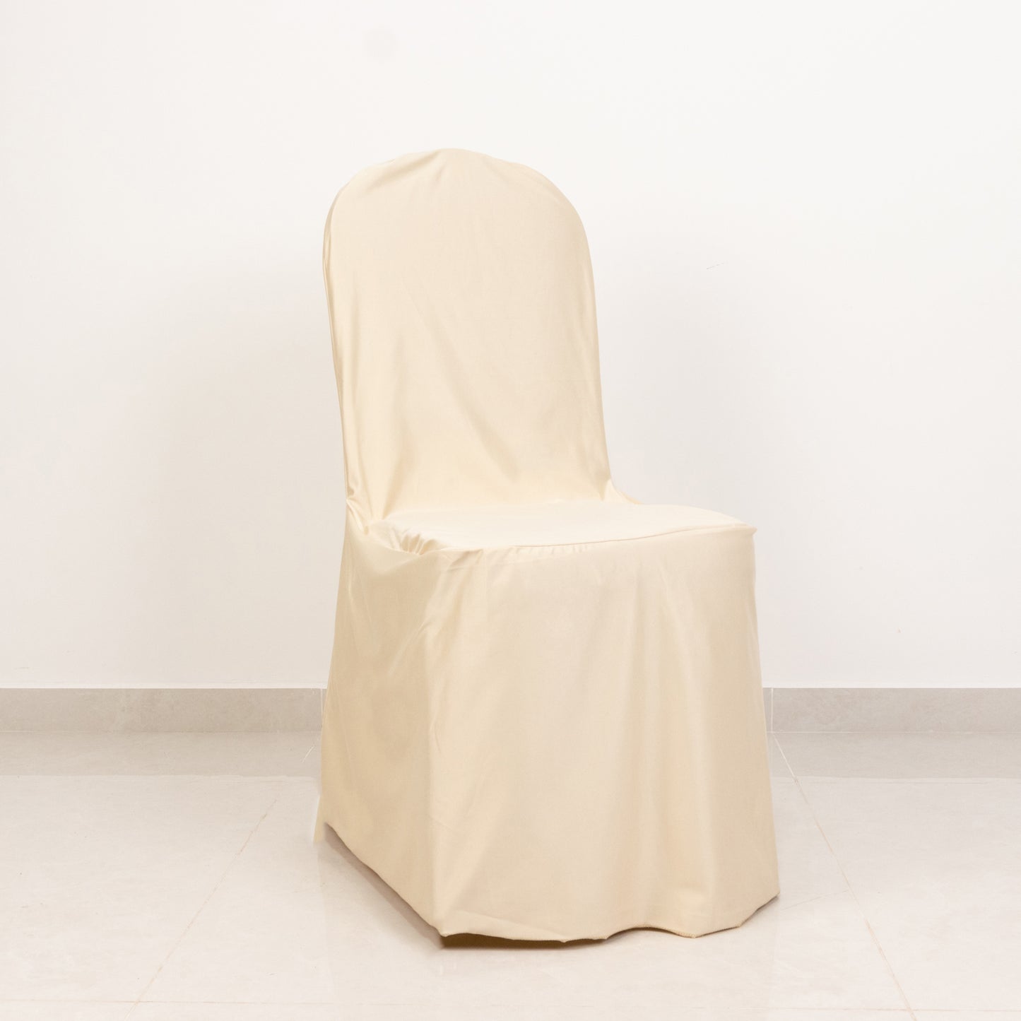 Beige Stretch Slim Fit Scuba Banquet Chair Cover, Wrinkle Free Durable Slip On Chair Cover