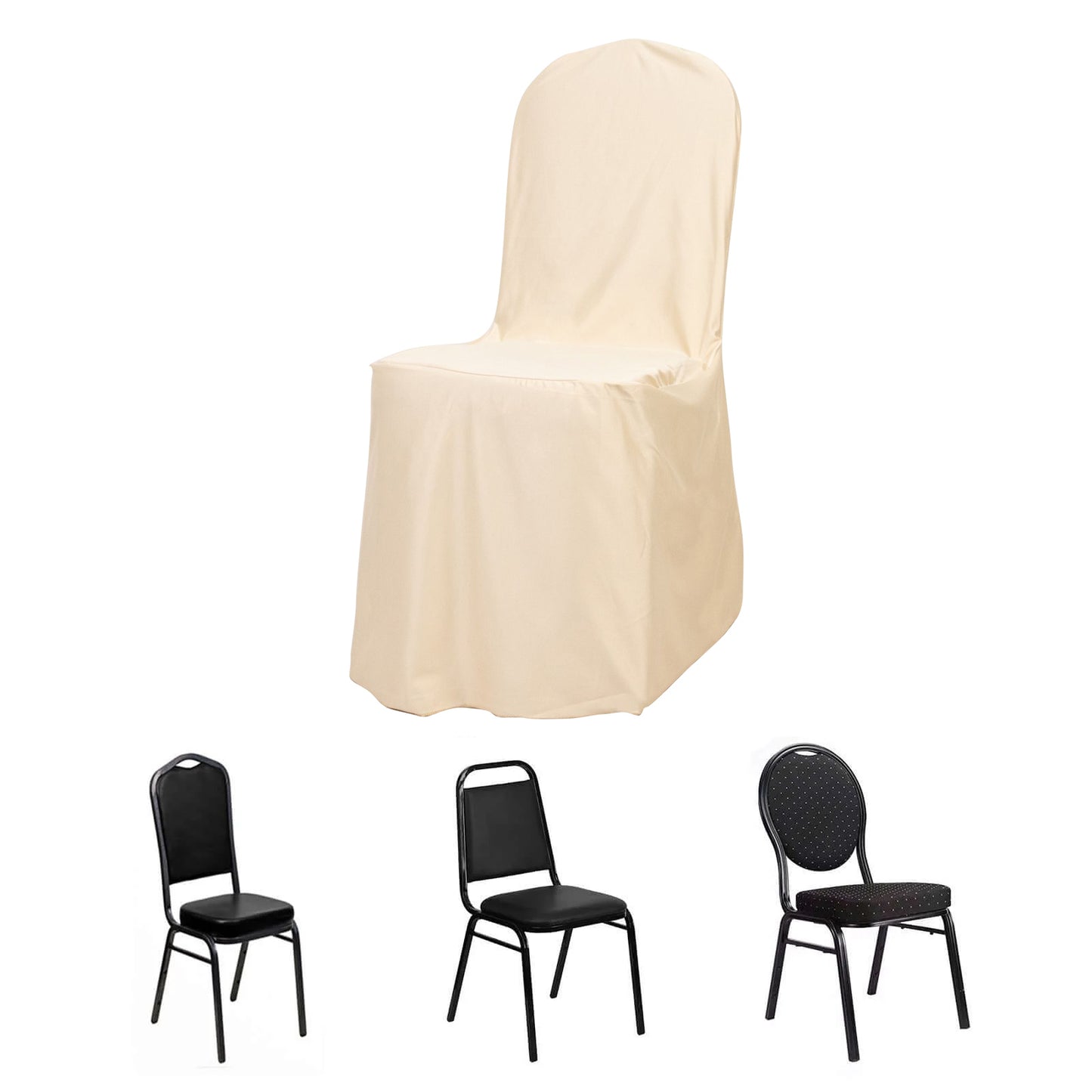 Beige Stretch Slim Fit Scuba Banquet Chair Cover, Wrinkle Free Durable Slip On Chair Cover