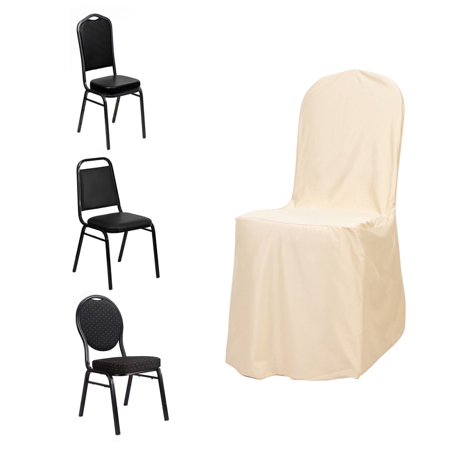 Beige Stretch Slim Fit Scuba Banquet Chair Cover, Wrinkle Free Durable Slip On Chair Cover