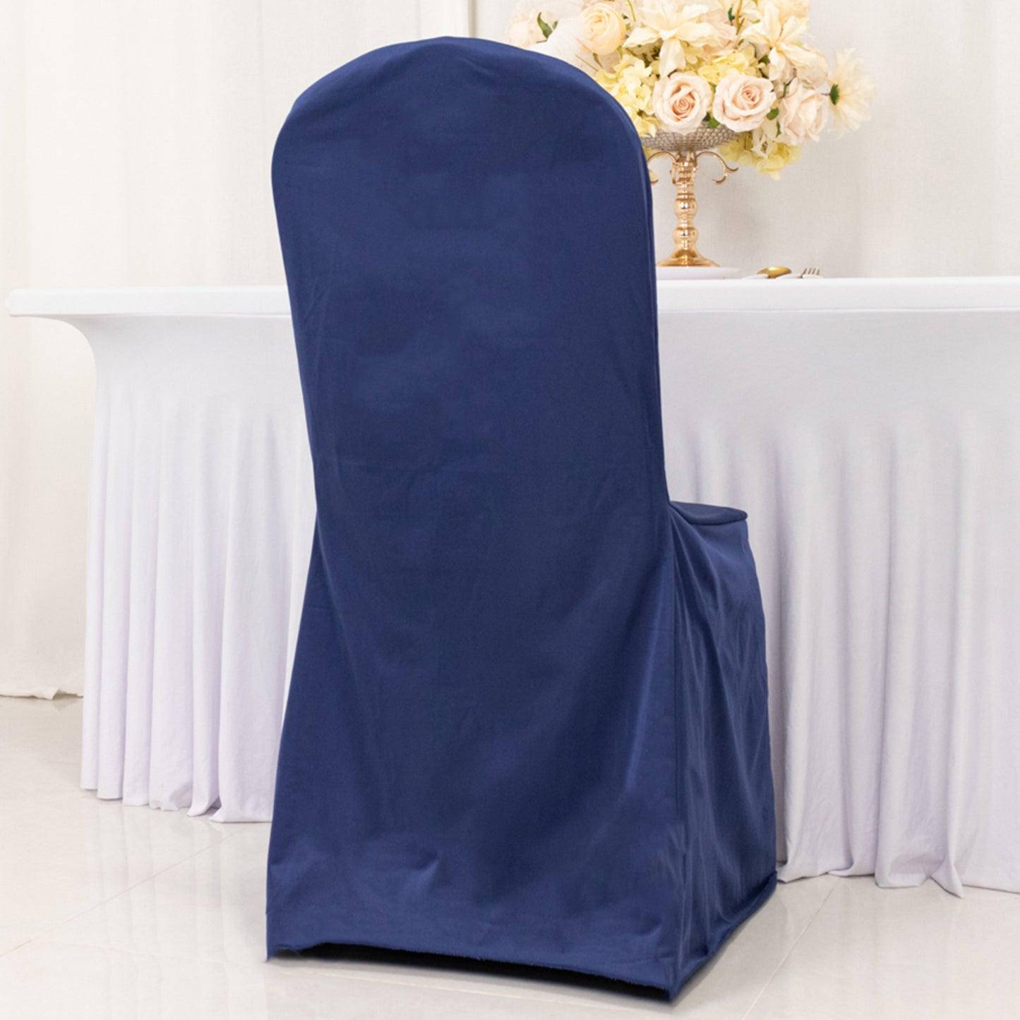 Navy Blue Stretch Slim Fit Scuba Banquet Chair Cover, Wrinkle Free Durable Slip On Chair Cover