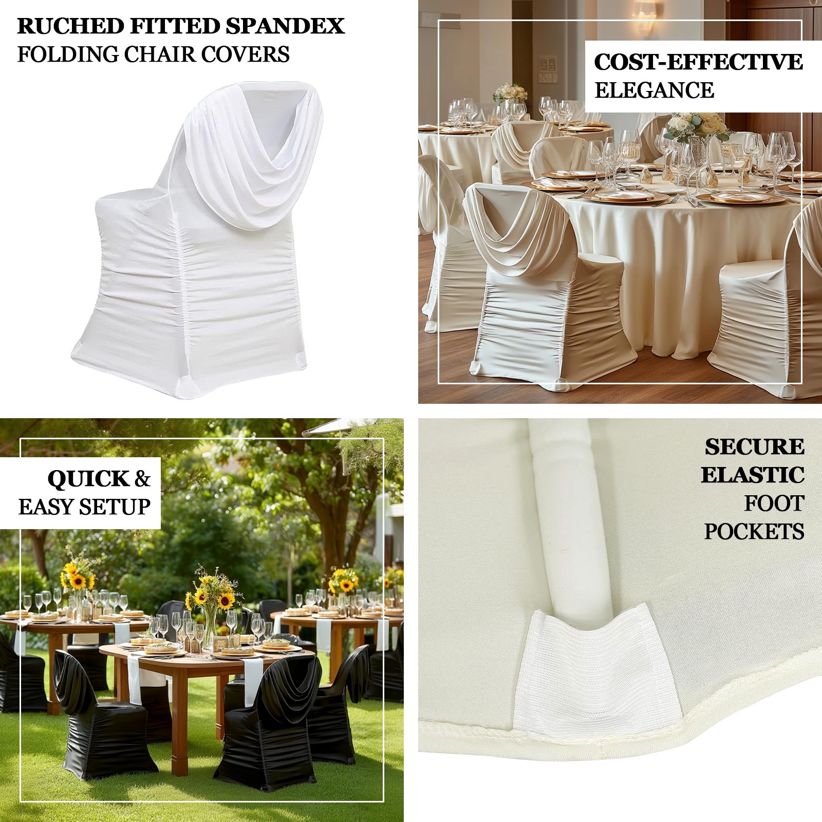 Spandex Folding Chair Cover with Ruched Swag Back and Foot Pockets – Fitted Stretch Slipcover