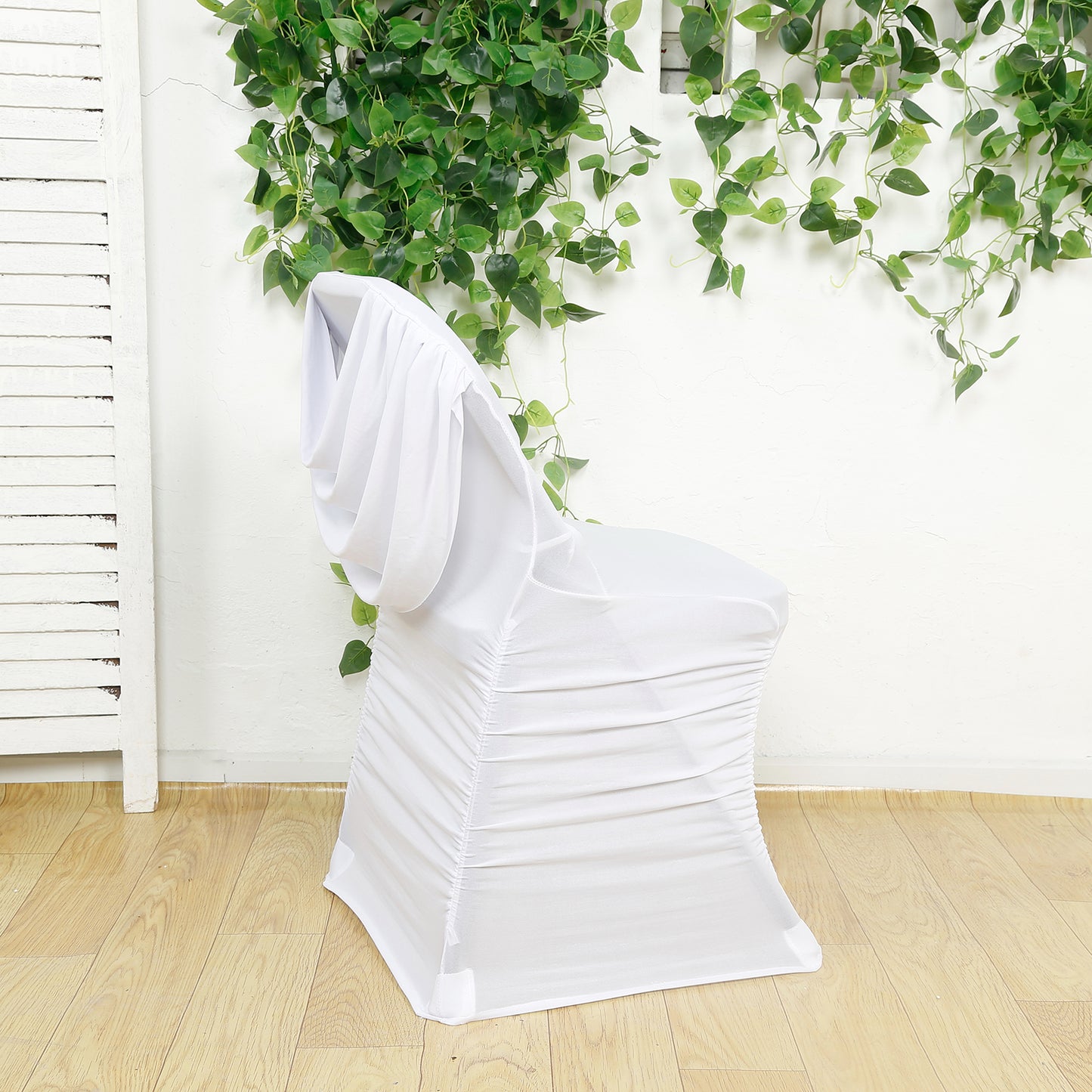 Spandex Folding Chair Cover White with Ruched Swag Back and Foot Pockets – Fitted Stretch Slipcover