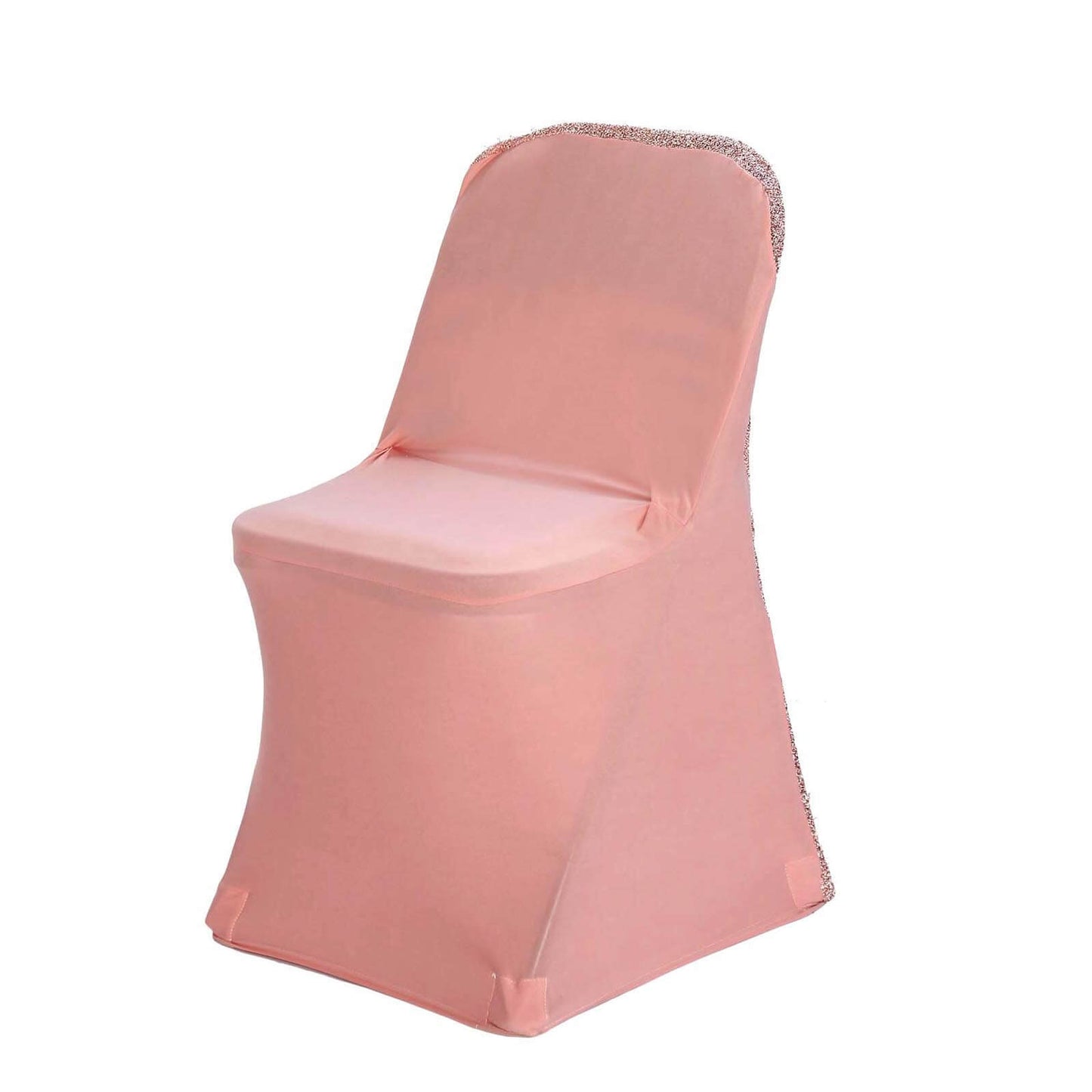 Fitted Blush Rose Gold Spandex Stretch Folding Chair Covers with Metallic Shimmer Tinsel Back