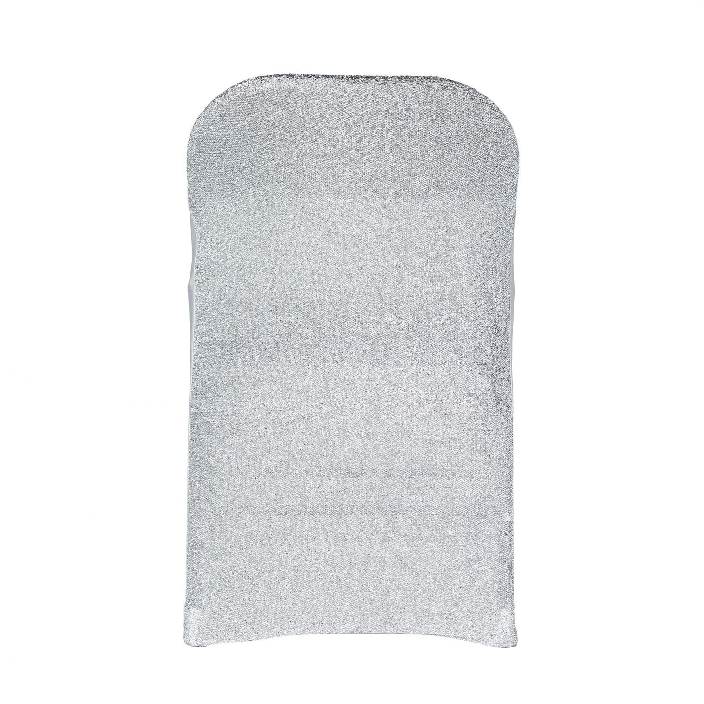 Fitted Silver Spandex Stretch Folding Chair Covers with Metallic Shimmer Tinsel Back