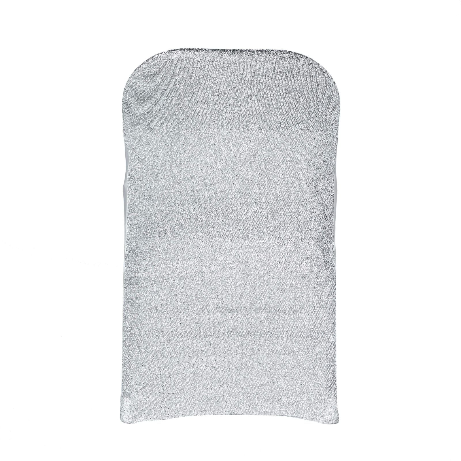 Fitted Silver Spandex Stretch Folding Chair Covers with Metallic Shimmer Tinsel Back