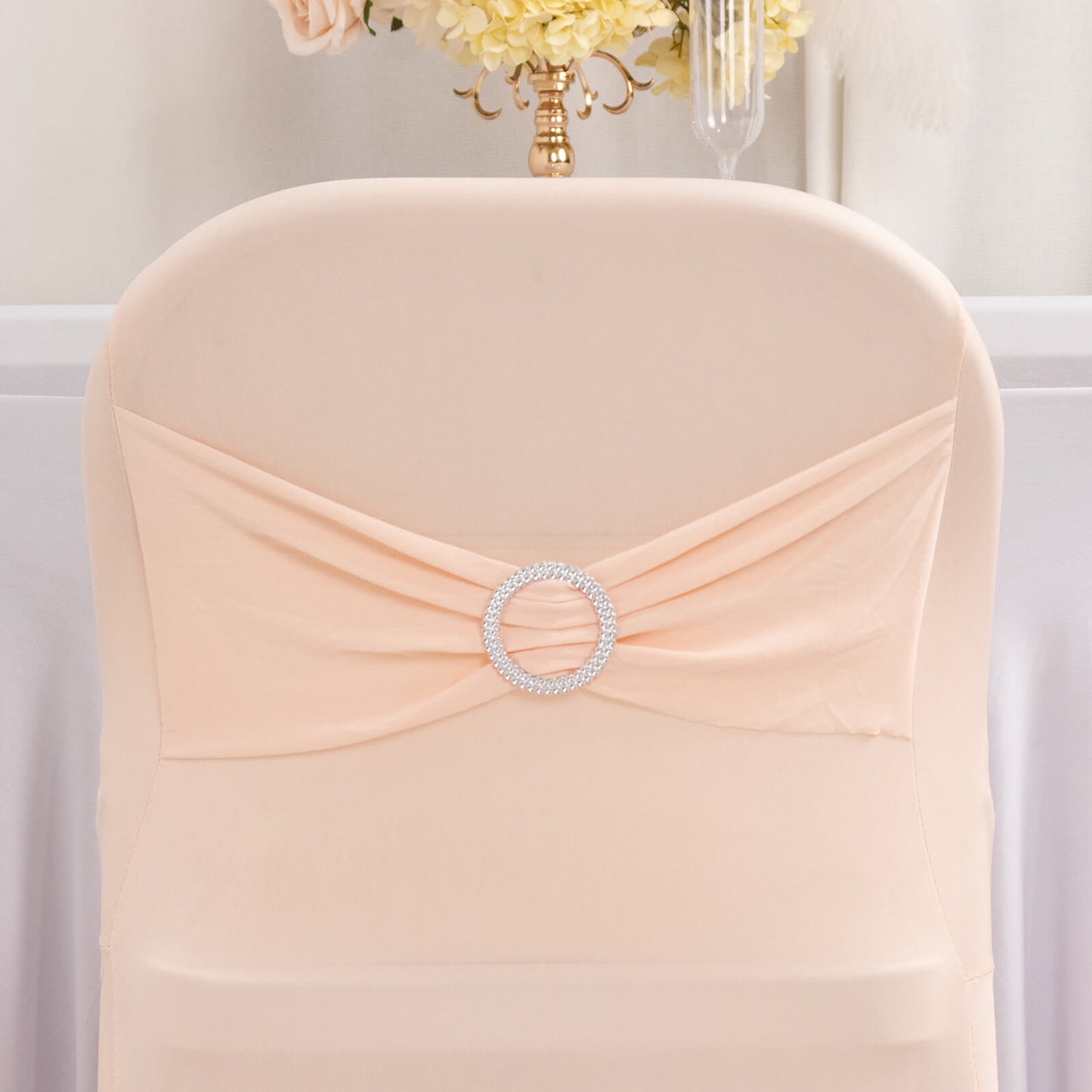 Dusty Rose Spandex Folding Chair Cover with Silver Rhinestone Buckled Sash Band, Stretch Fitted Slip On Chair Cover