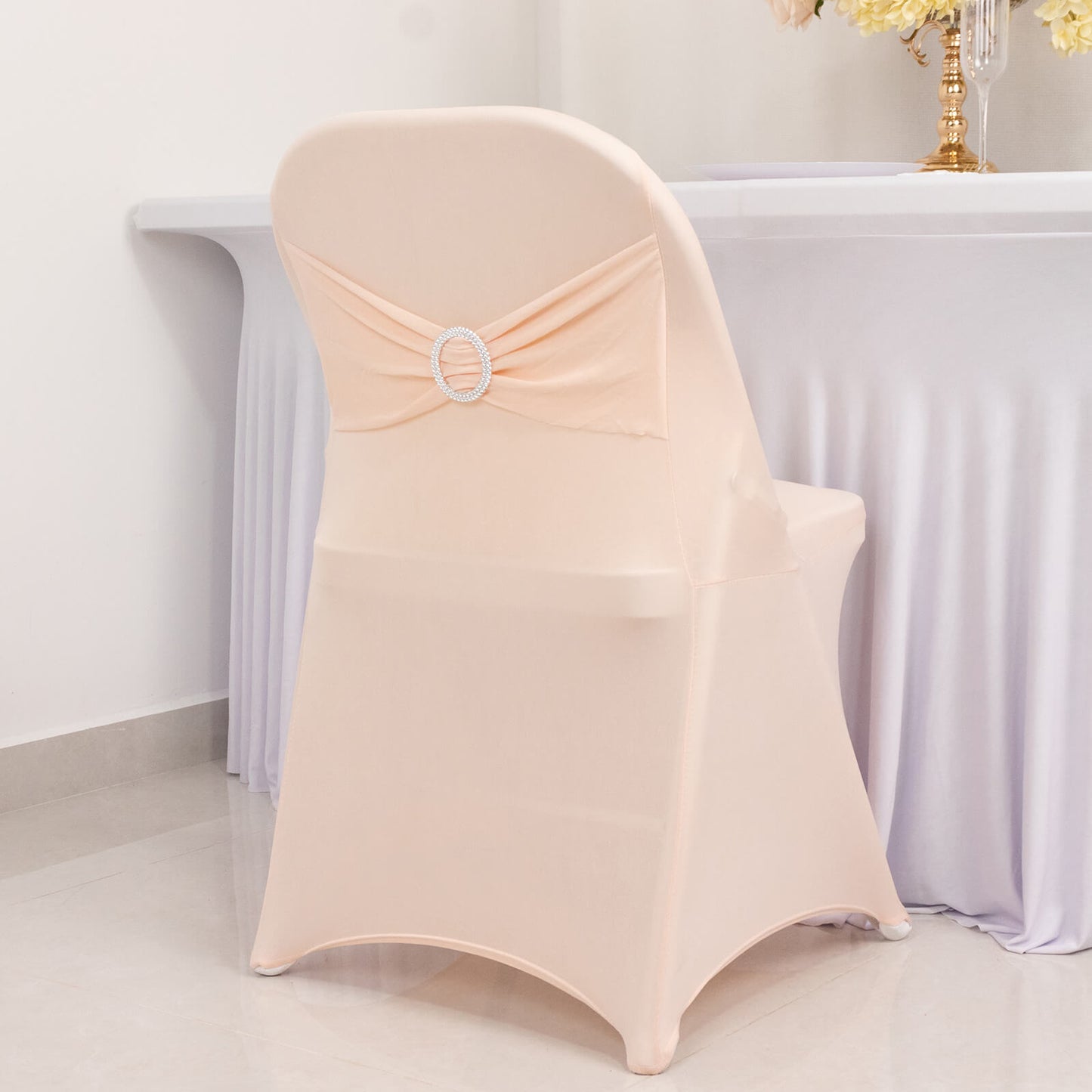 Dusty Rose Spandex Folding Chair Cover with Silver Rhinestone Buckled Sash Band, Stretch Fitted Slip On Chair Cover