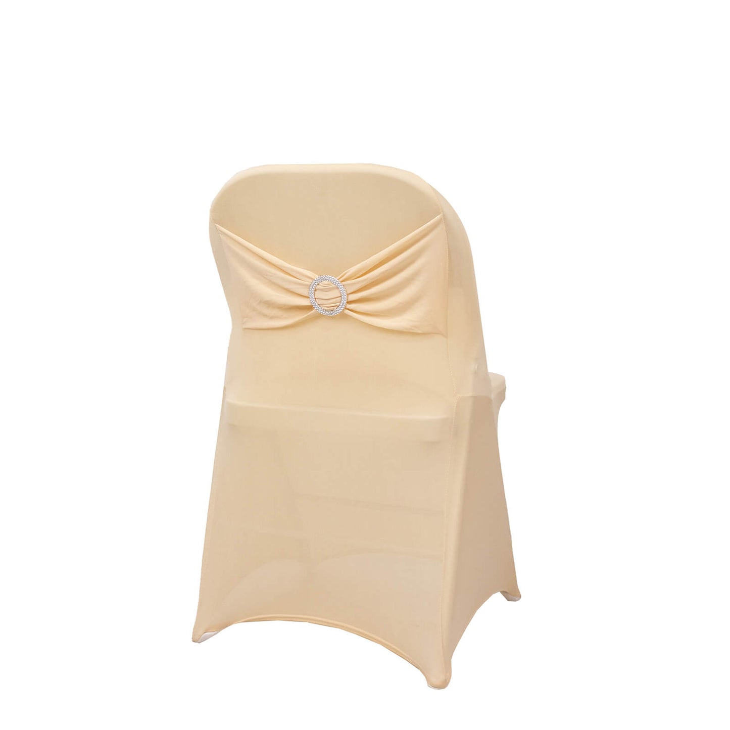 Beige spandex folding chair cover with rhinestone sash.