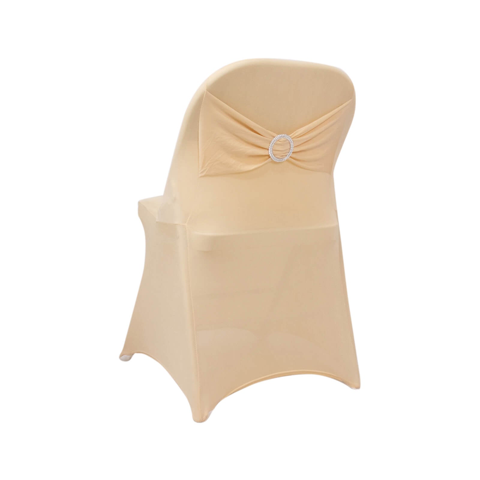 Beige spandex folding chair cover with rhinestone sash.