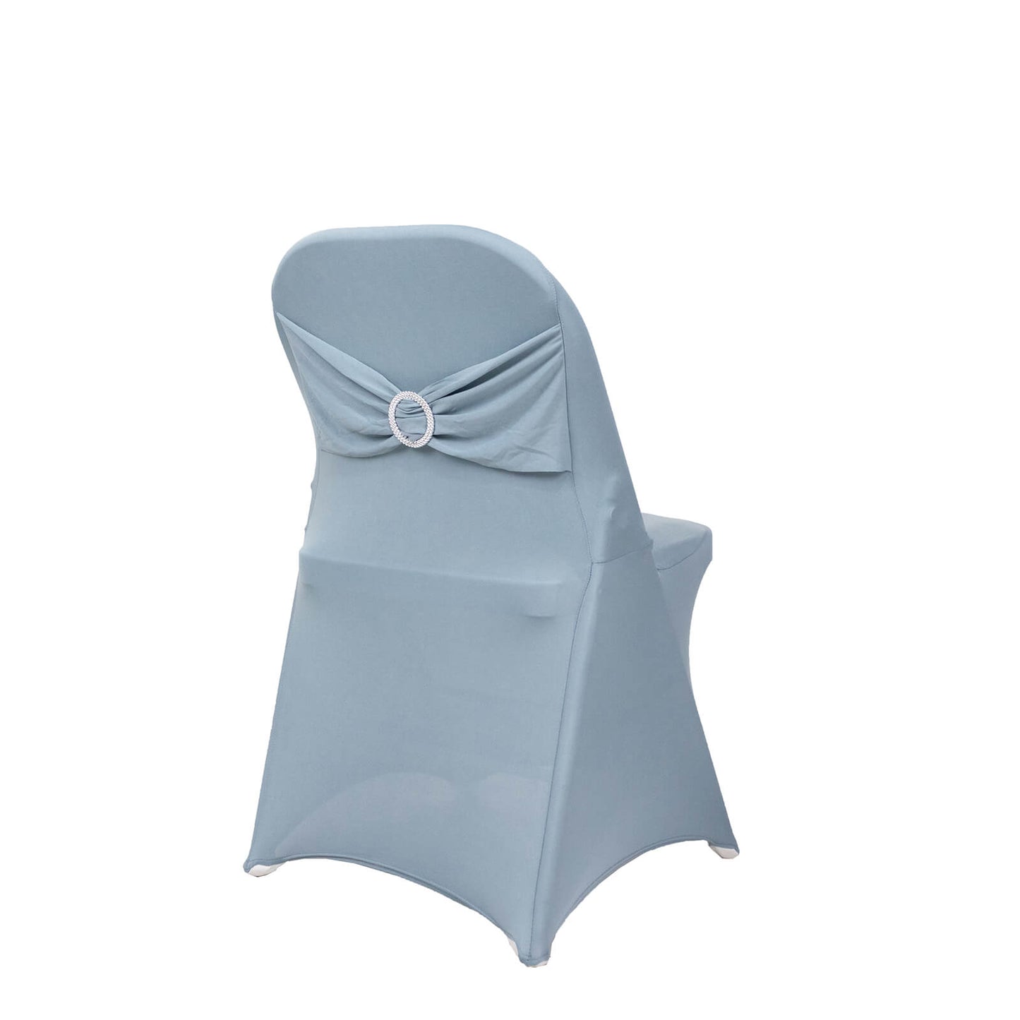 Dusty Blue Spandex Folding Chair Cover with Silver Rhinestone Buckled Sash Band, Stretch Fitted Slip On Chair Cover