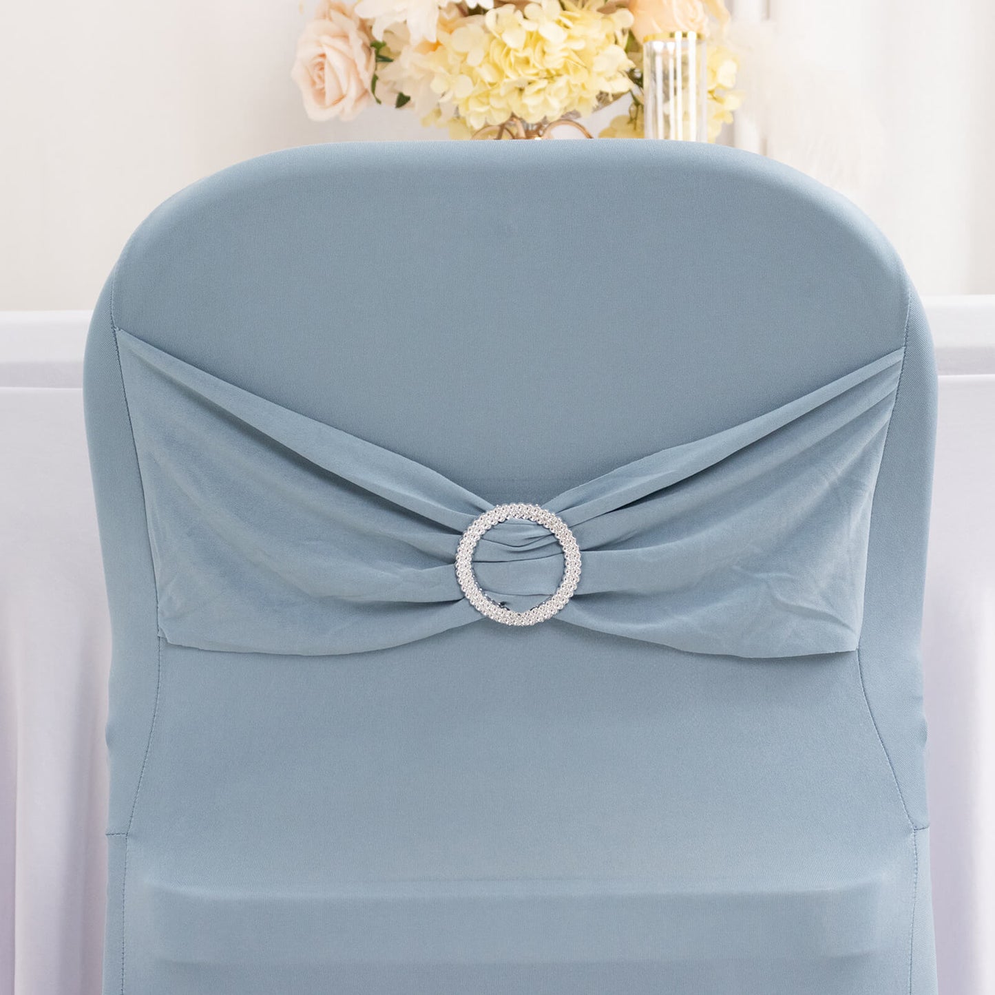 Dusty Blue Spandex Folding Chair Cover with Silver Rhinestone Buckled Sash Band, Stretch Fitted Slip On Chair Cover