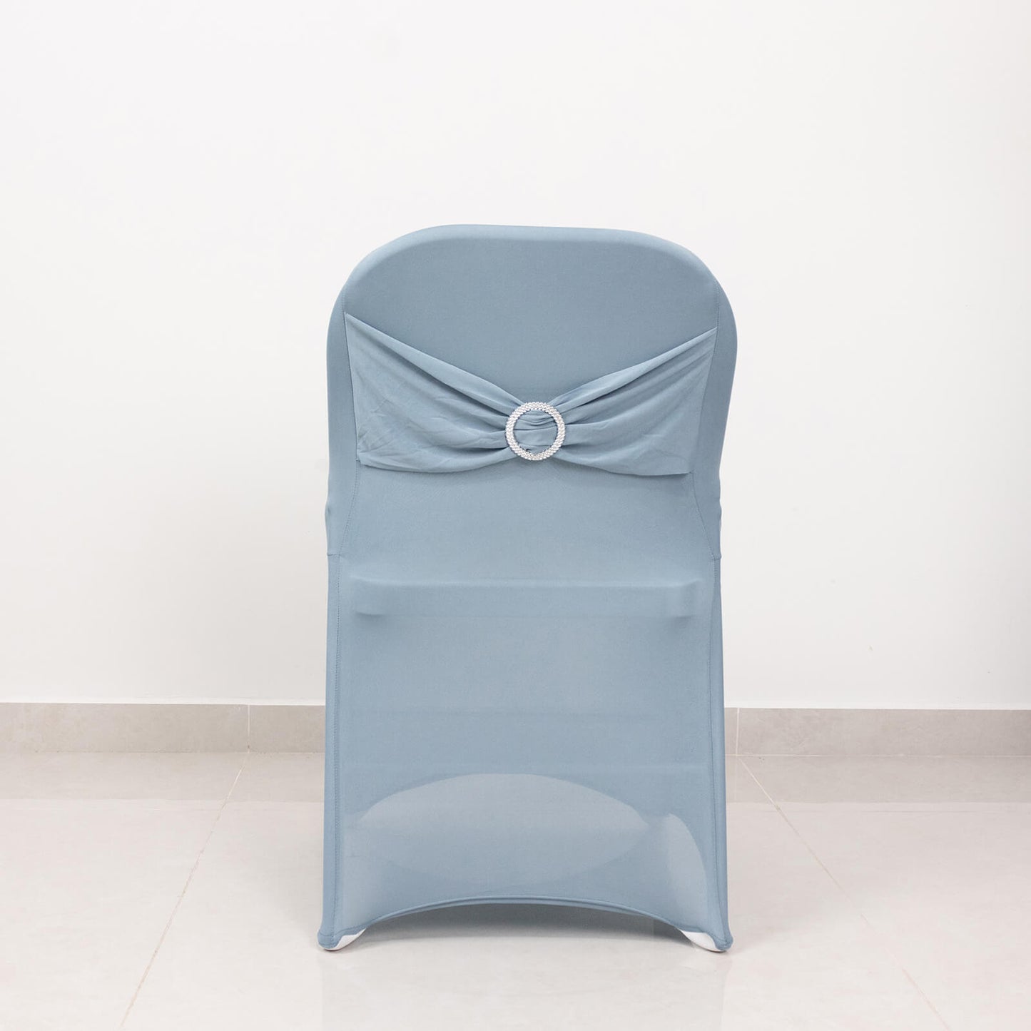 Dusty Blue Spandex Folding Chair Cover with Silver Rhinestone Buckled Sash Band, Stretch Fitted Slip On Chair Cover