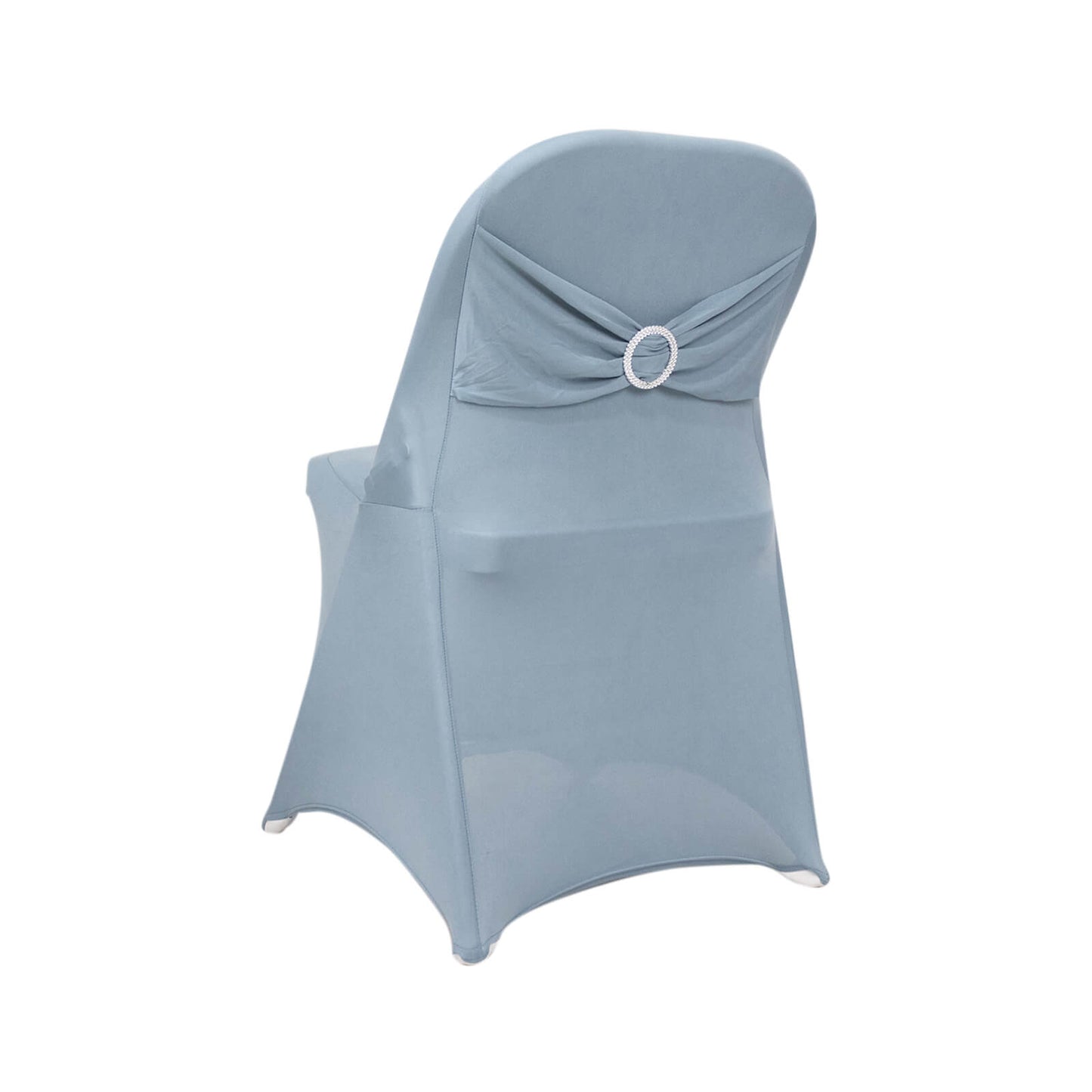 Dusty Blue Spandex Folding Chair Cover with Silver Rhinestone Buckled Sash Band, Stretch Fitted Slip On Chair Cover