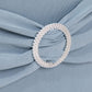 Dusty blue chair cover with silver rhinestone buckle detail. #whtbkgd