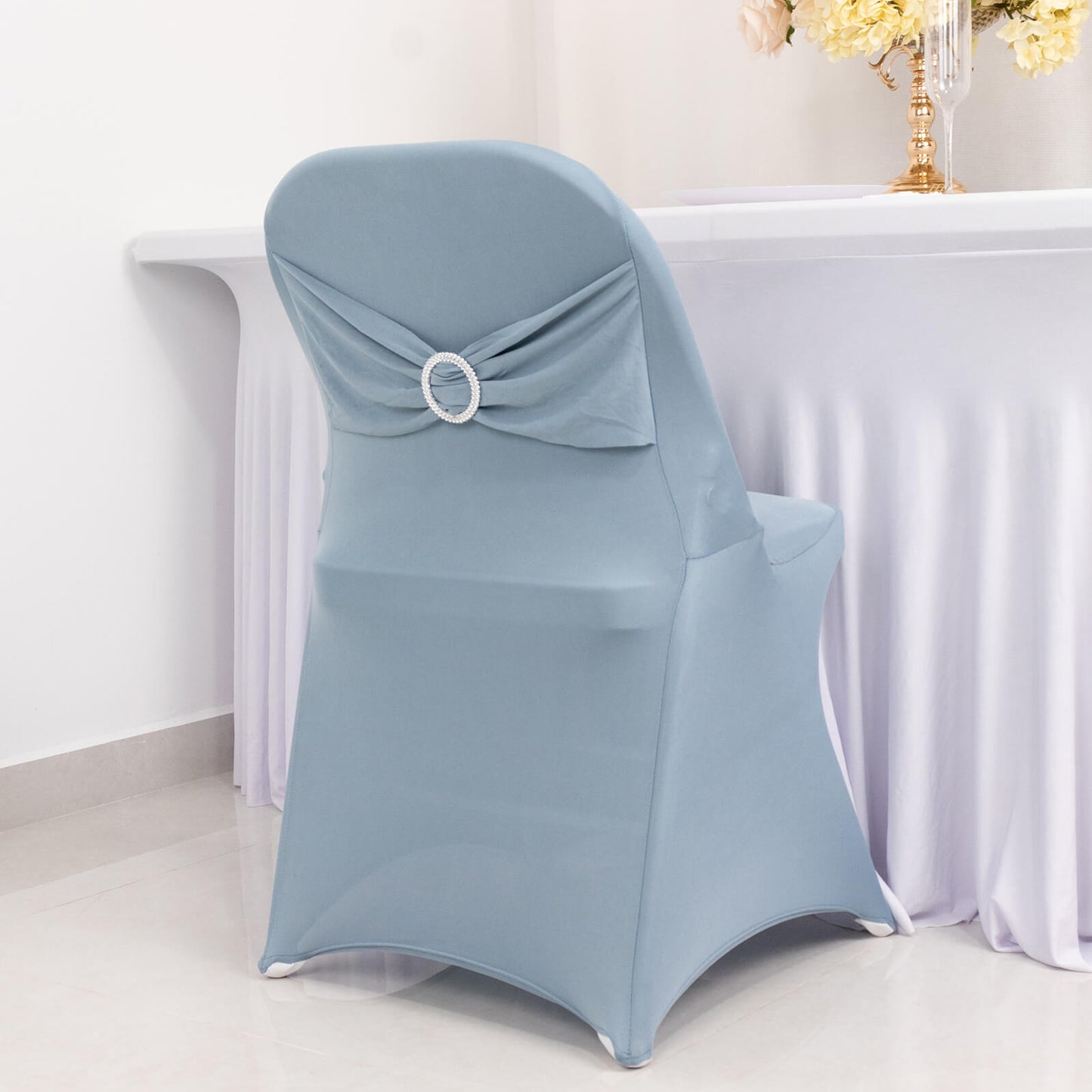 Dusty Blue Spandex Folding Chair Cover with Silver Rhinestone Buckled Sash Band, Stretch Fitted Slip On Chair Cover