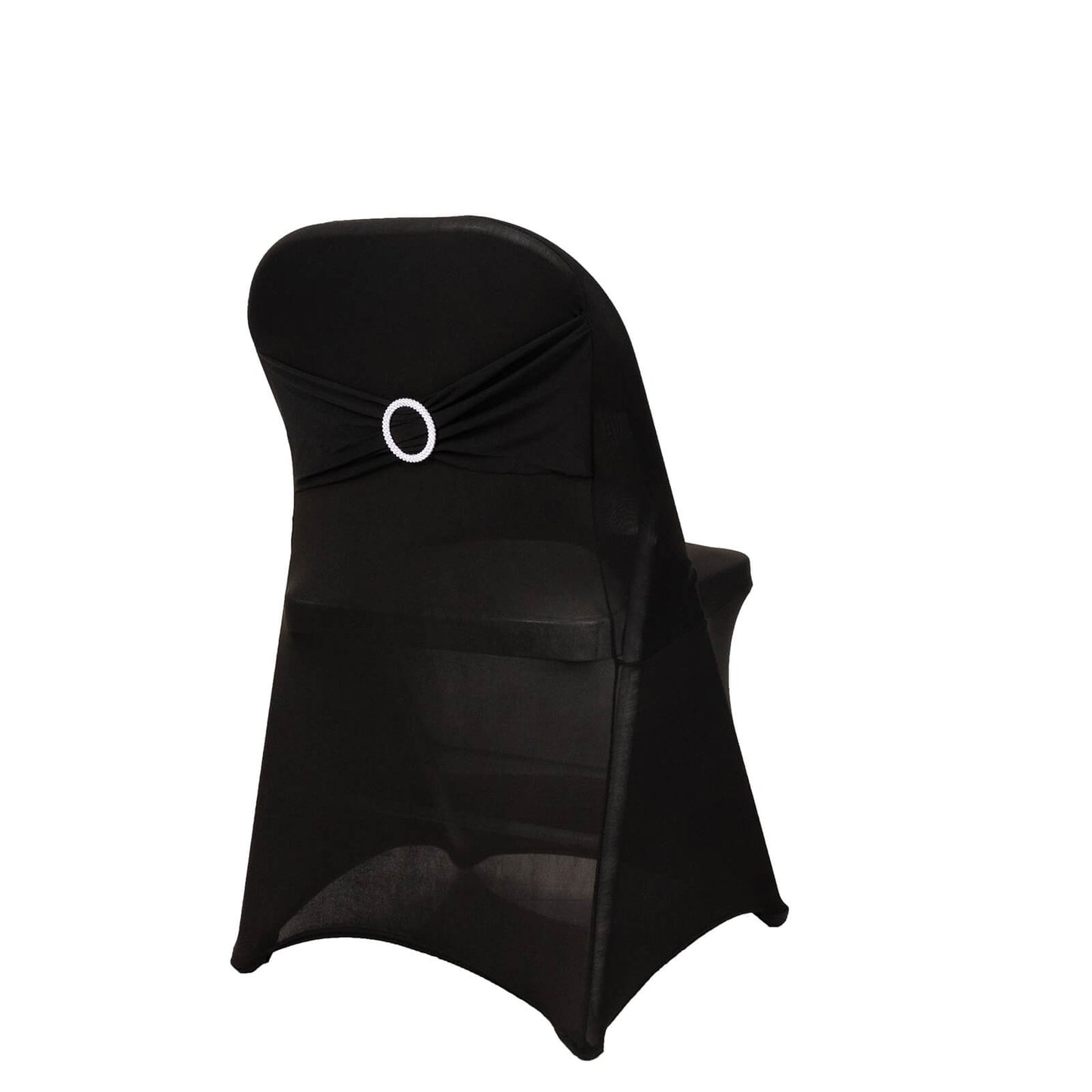 Black spandex folding chair cover with silver rhinestone sash band.