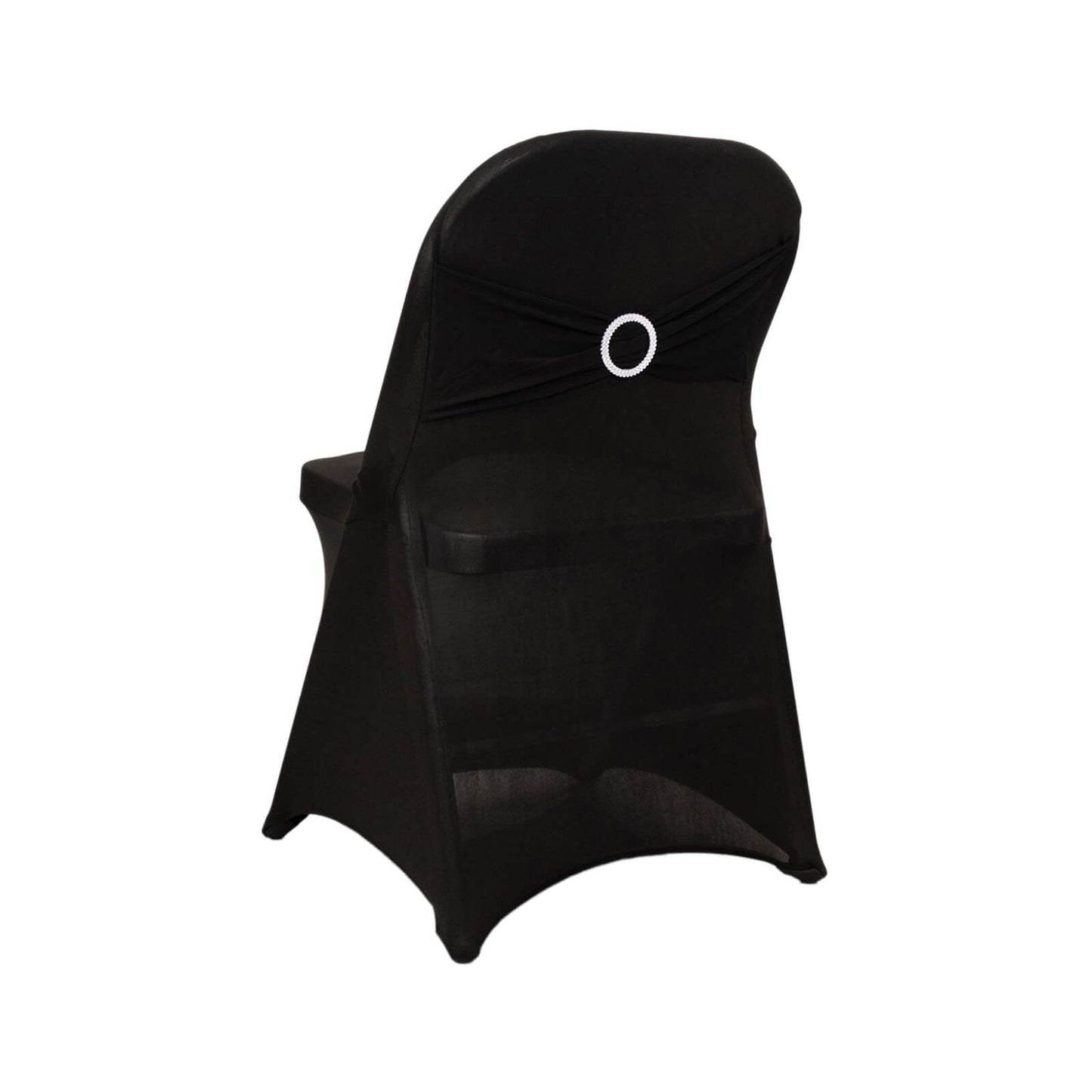Black spandex folding chair cover with silver rhinestone sash.