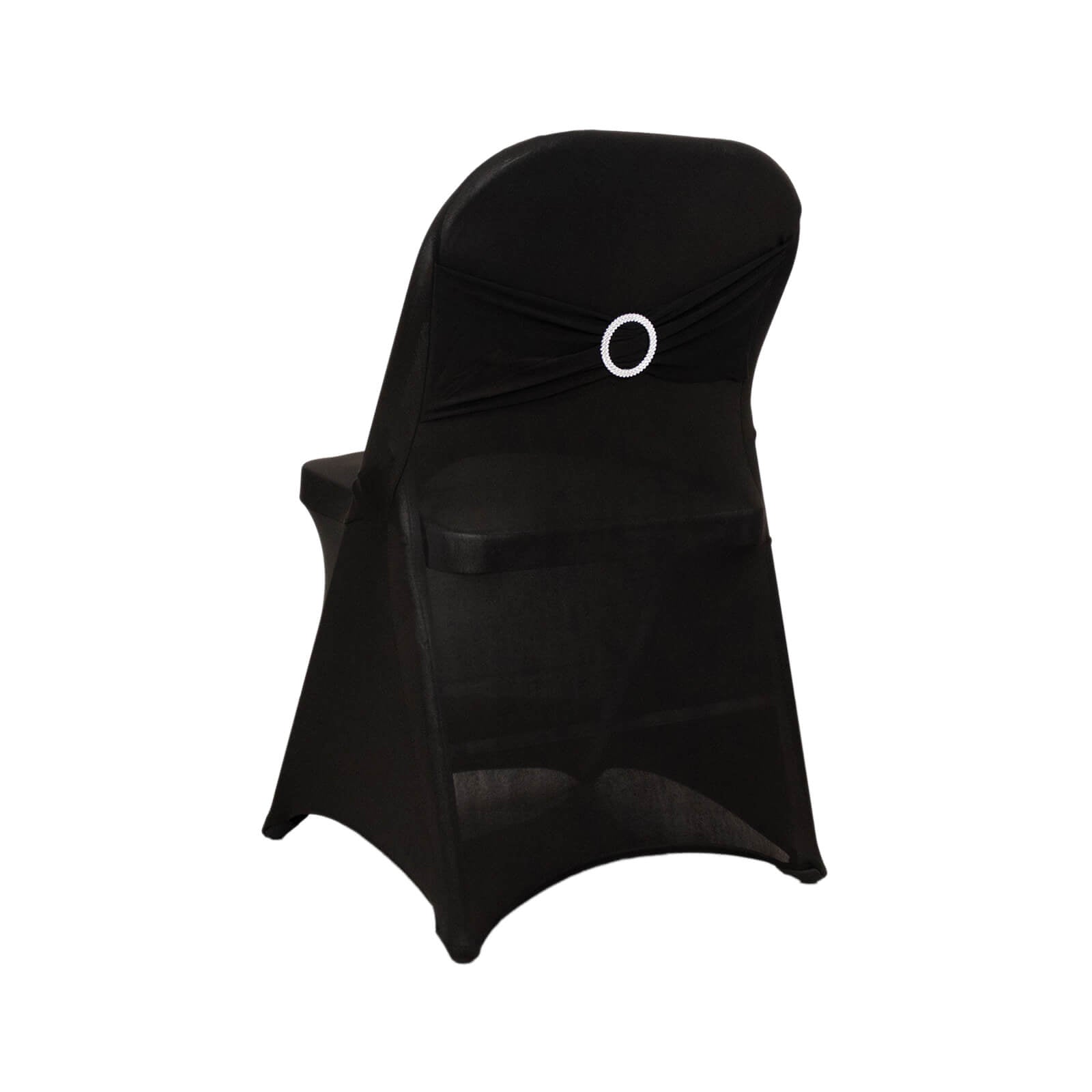 Black spandex folding chair cover with silver rhinestone sash.