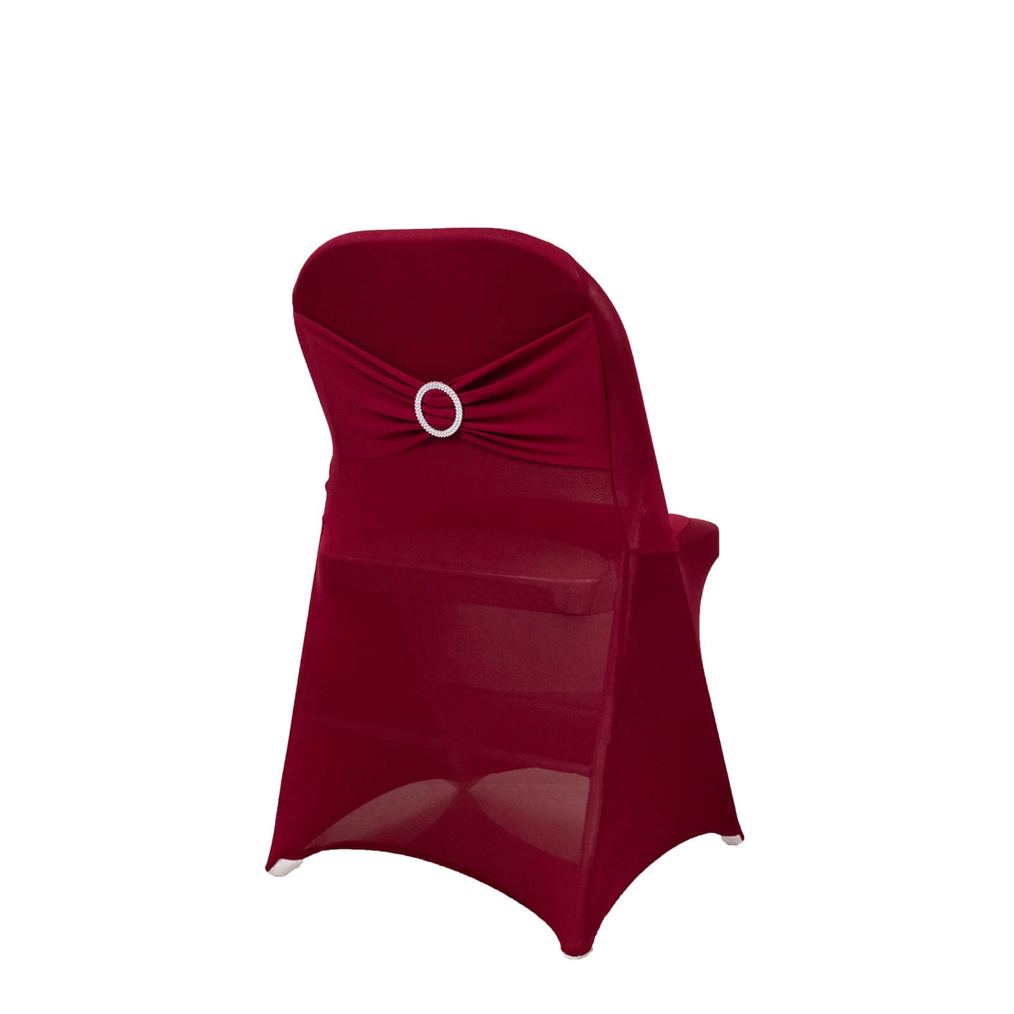 Burgundy Spandex Folding Chair Cover with Silver Rhinestone Buckled Sash Band, Stretch Fitted Slip On Chair Cover