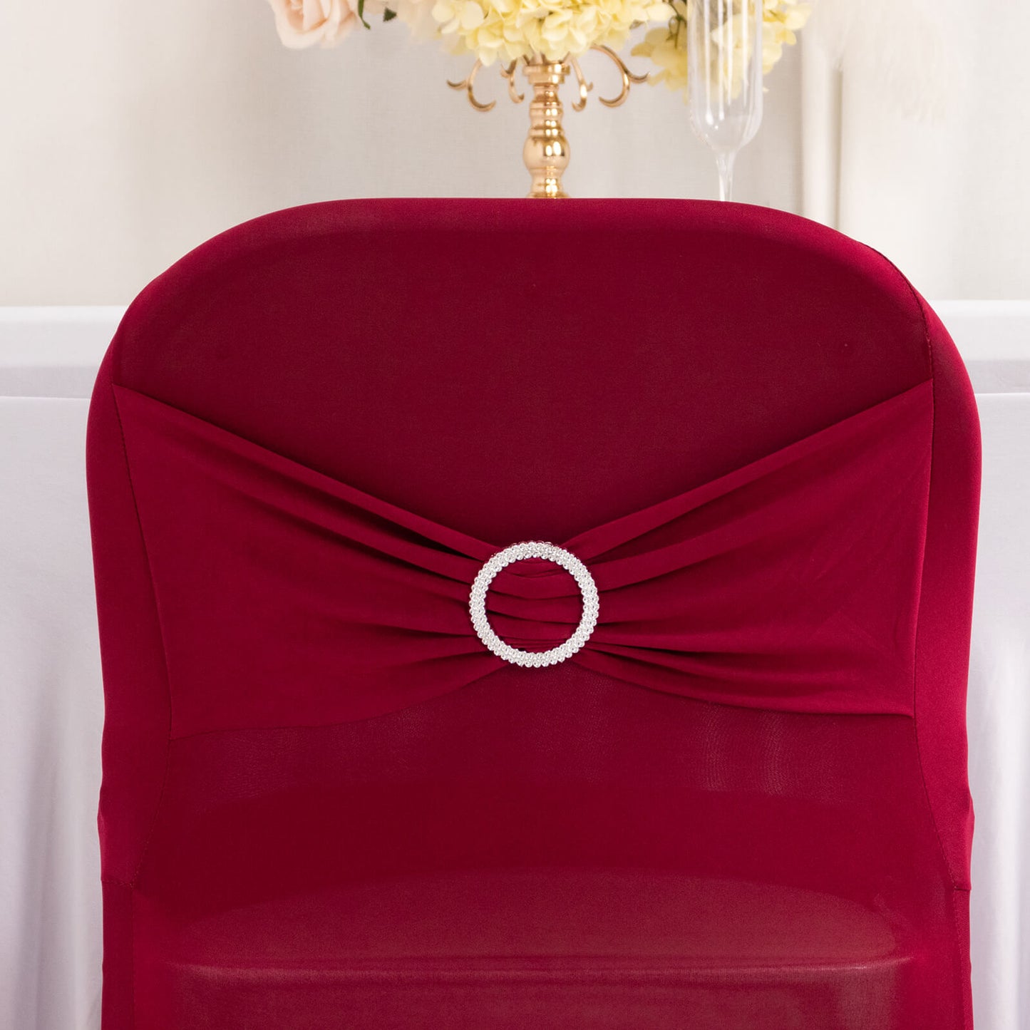 Burgundy Spandex Folding Chair Cover with Silver Rhinestone Buckled Sash Band, Stretch Fitted Slip On Chair Cover