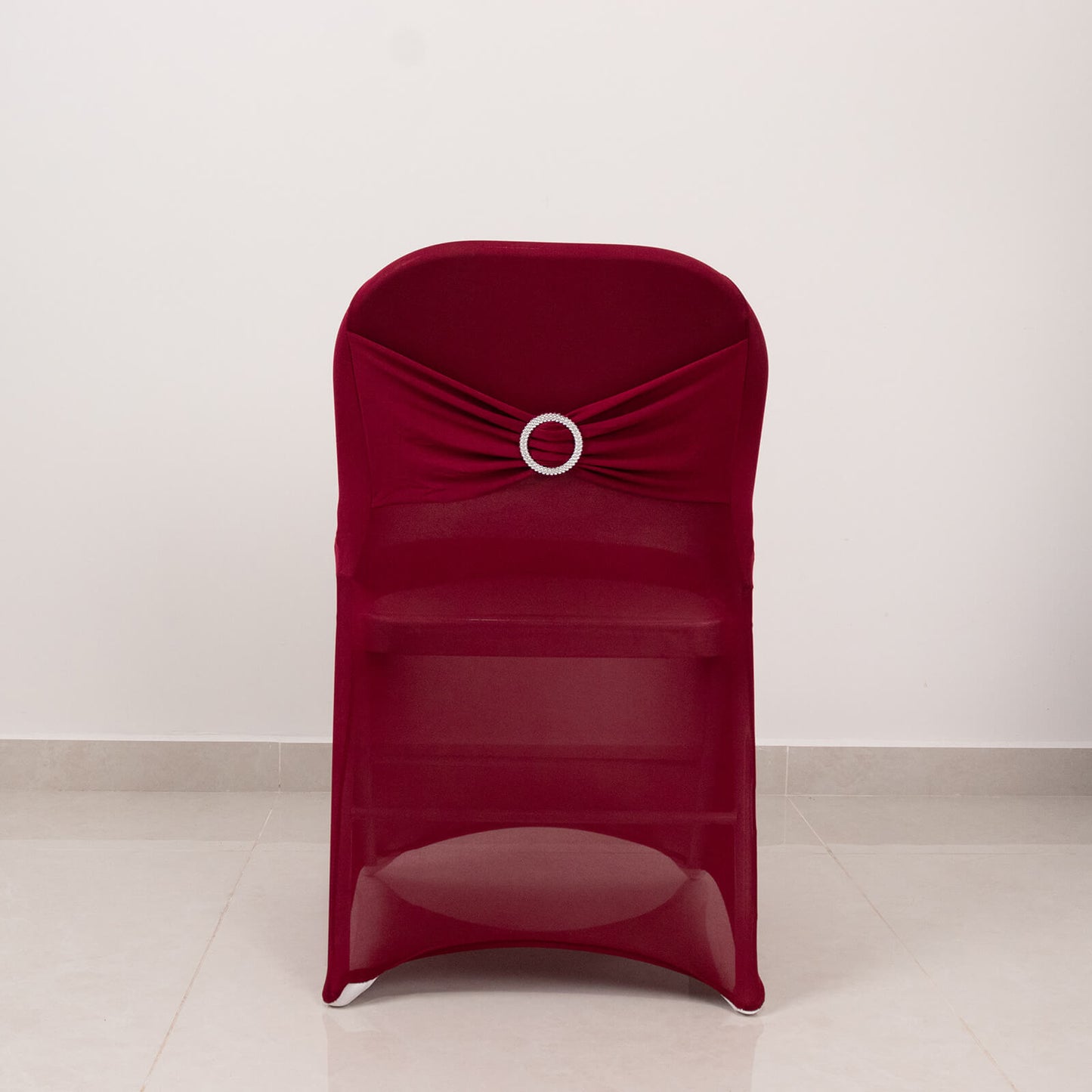 Burgundy Spandex Folding Chair Cover with Silver Rhinestone Buckled Sash Band, Stretch Fitted Slip On Chair Cover