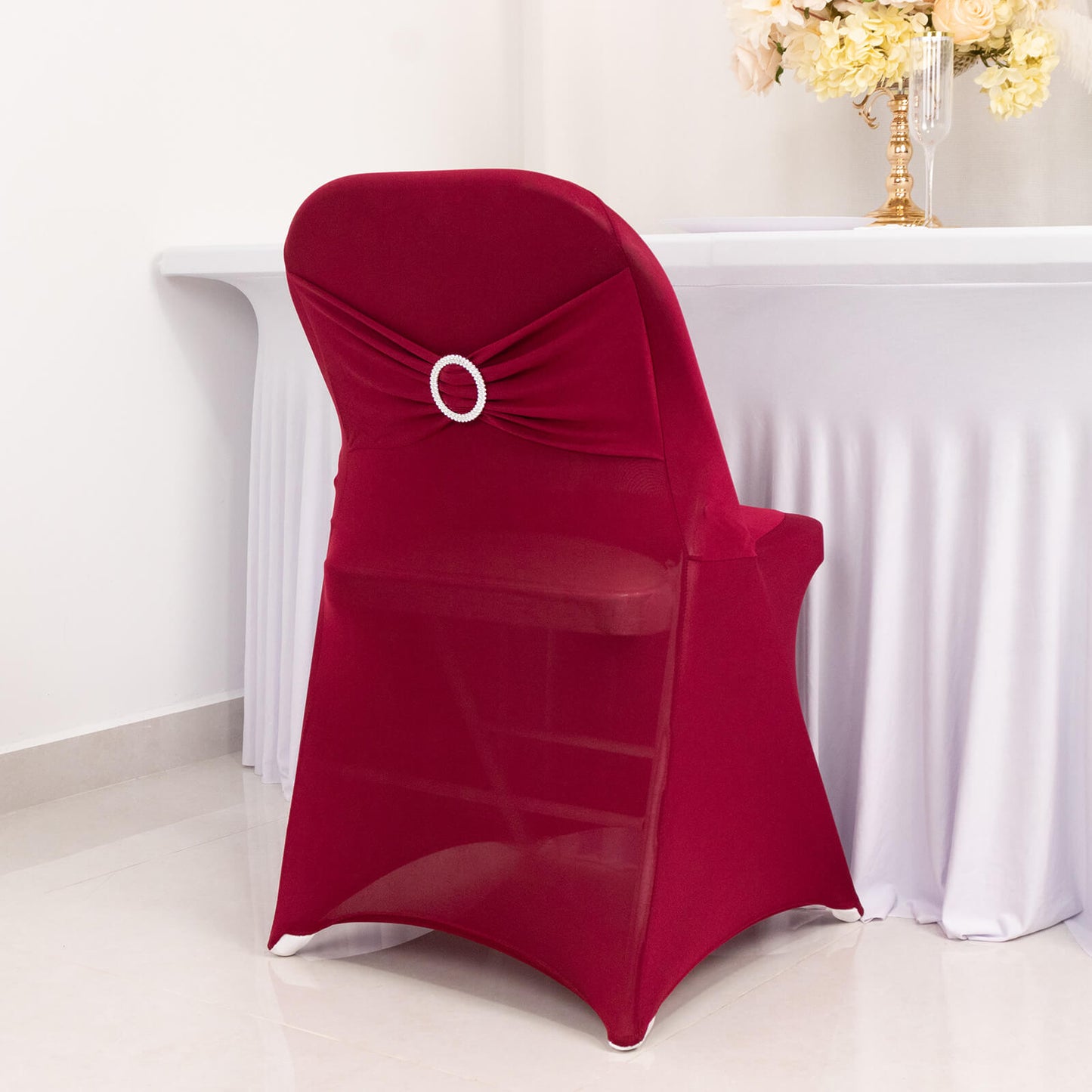 Burgundy Spandex Folding Chair Cover with Silver Rhinestone Buckled Sash Band, Stretch Fitted Slip On Chair Cover