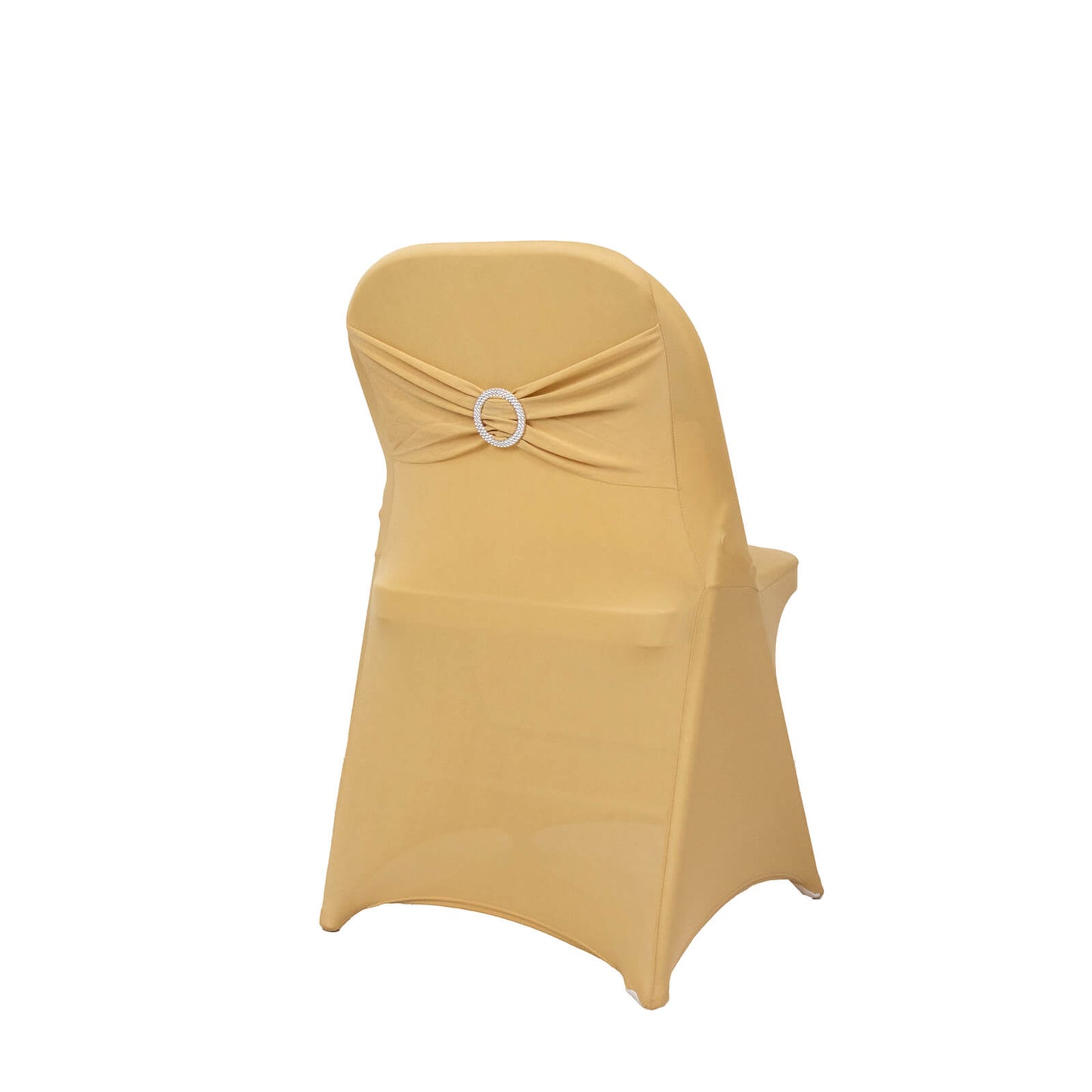 Champagne spandex chair cover with silver rhinestone sash band.
