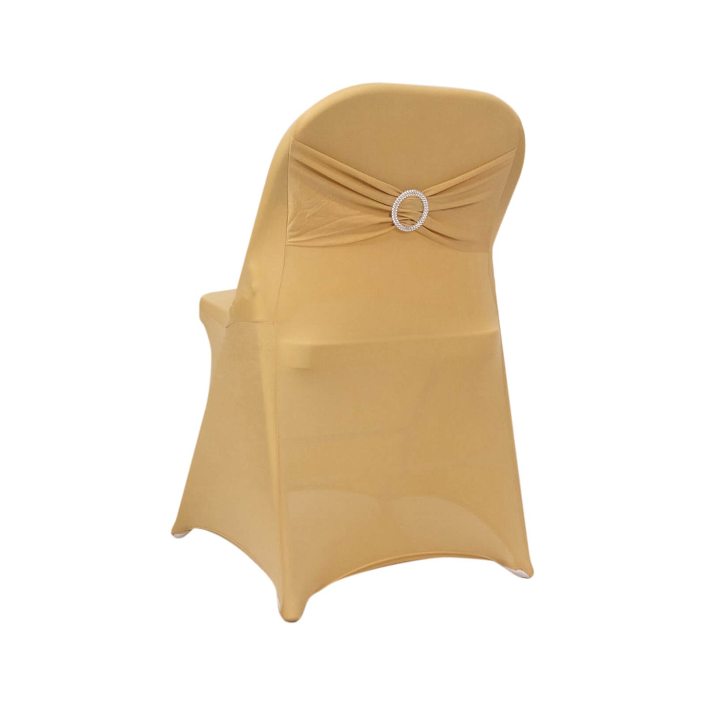 Champagne spandex folding chair cover with rhinestone buckle.