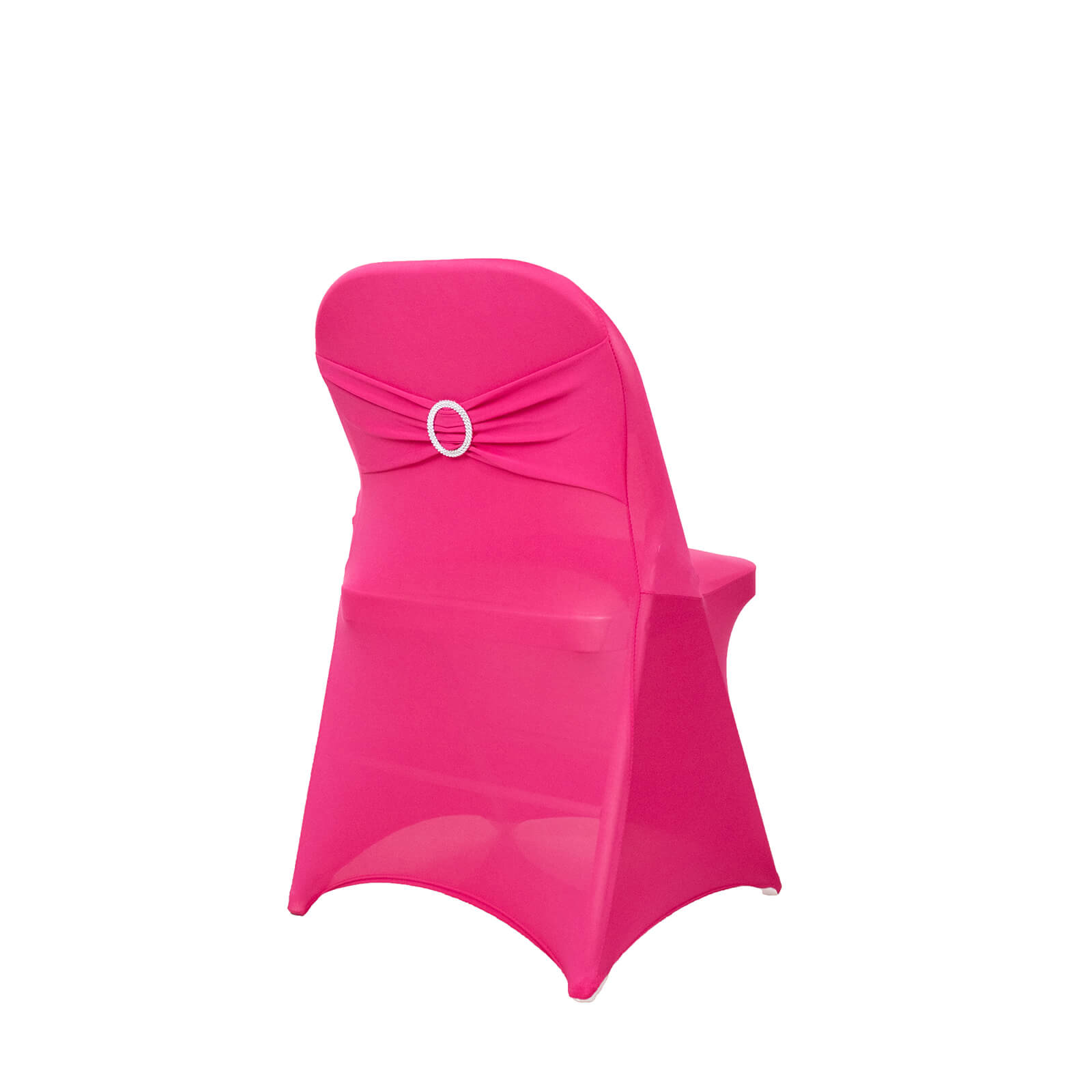 Fuchsia spandex folding chair cover with rhinestone sash.