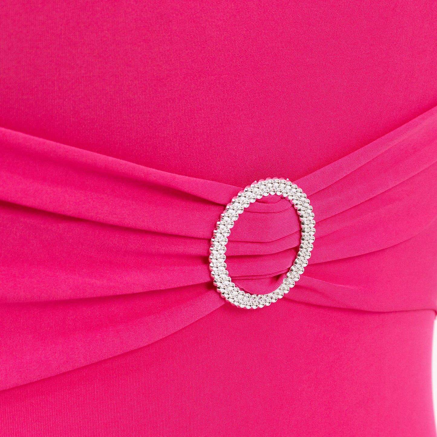 Fuchsia spandex chair cover with silver rhinestone buckle detail.