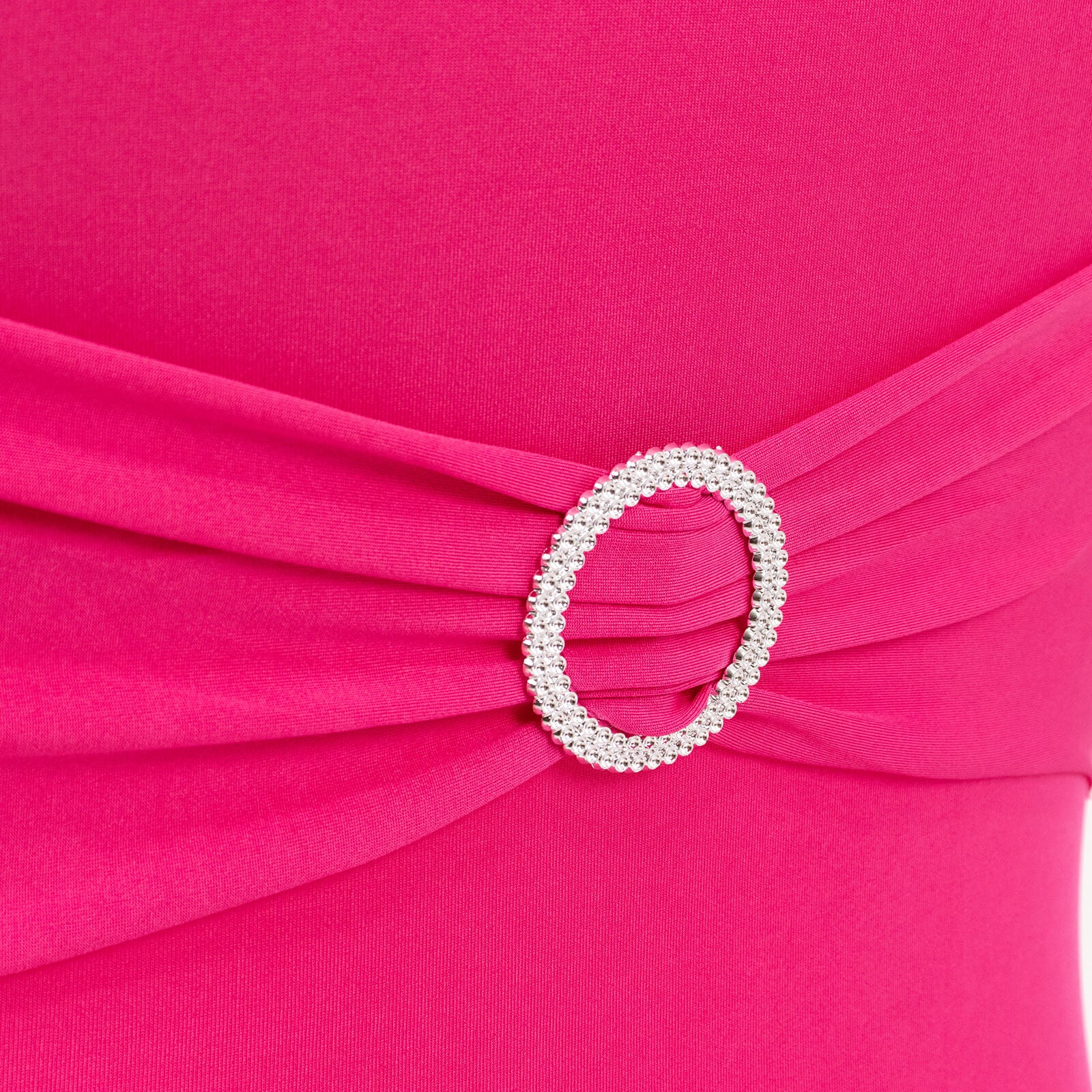Fuchsia spandex chair cover with silver rhinestone buckle detail.
