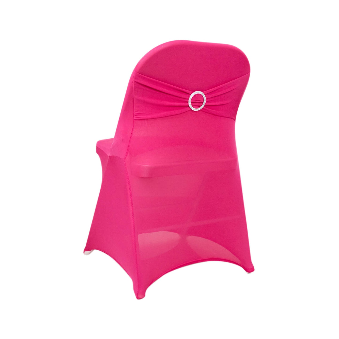 Fuchsia spandex folding chair cover with rhinestone sash band.