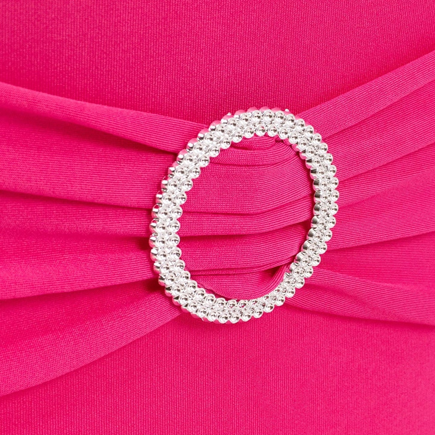 Fuchsia spandex chair cover with silver rhinestone buckle. #whtbkgd