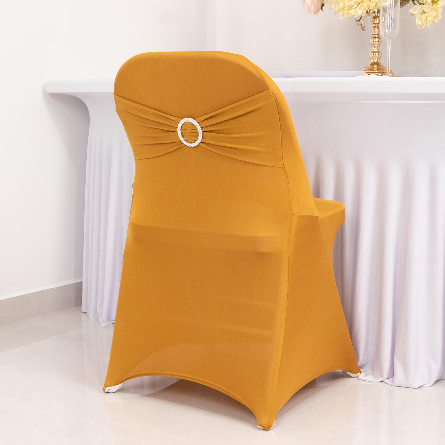 Gold Spandex Folding Chair Cover with Silver Rhinestone Buckled Sash Band, Stretch Fitted Slip On Chair Cover