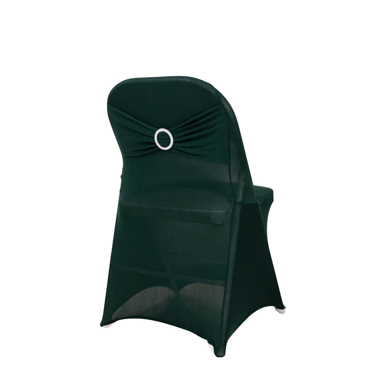 Emerald green spandex folding chair cover with silver rhinestone buckle.