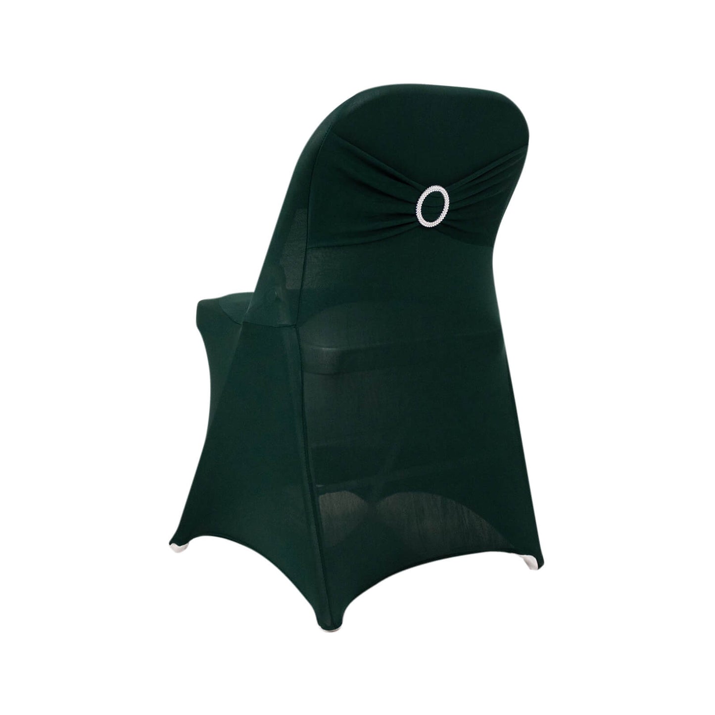 Emerald green spandex folding chair cover with silver rhinestone sash.