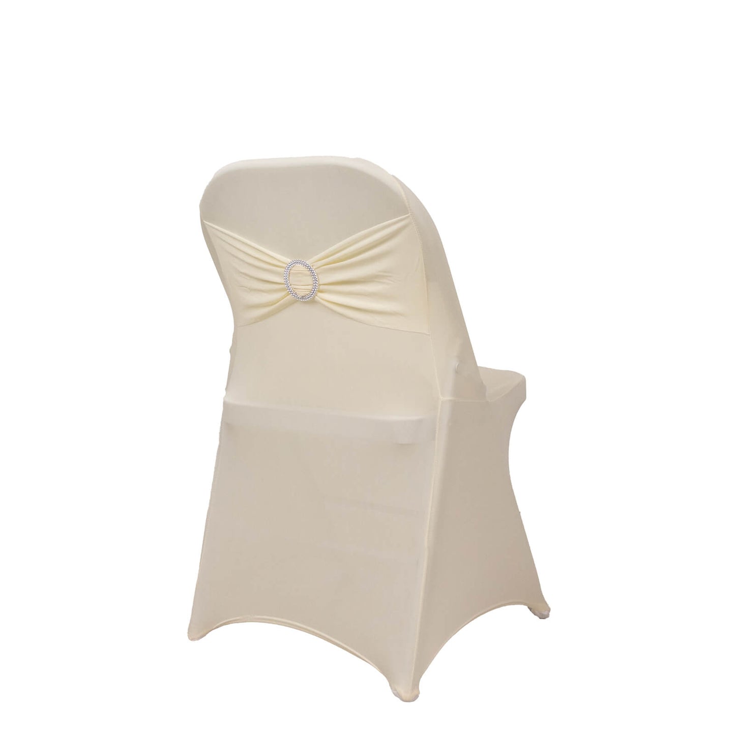 Ivory folding chair cover with silver rhinestone sash band.