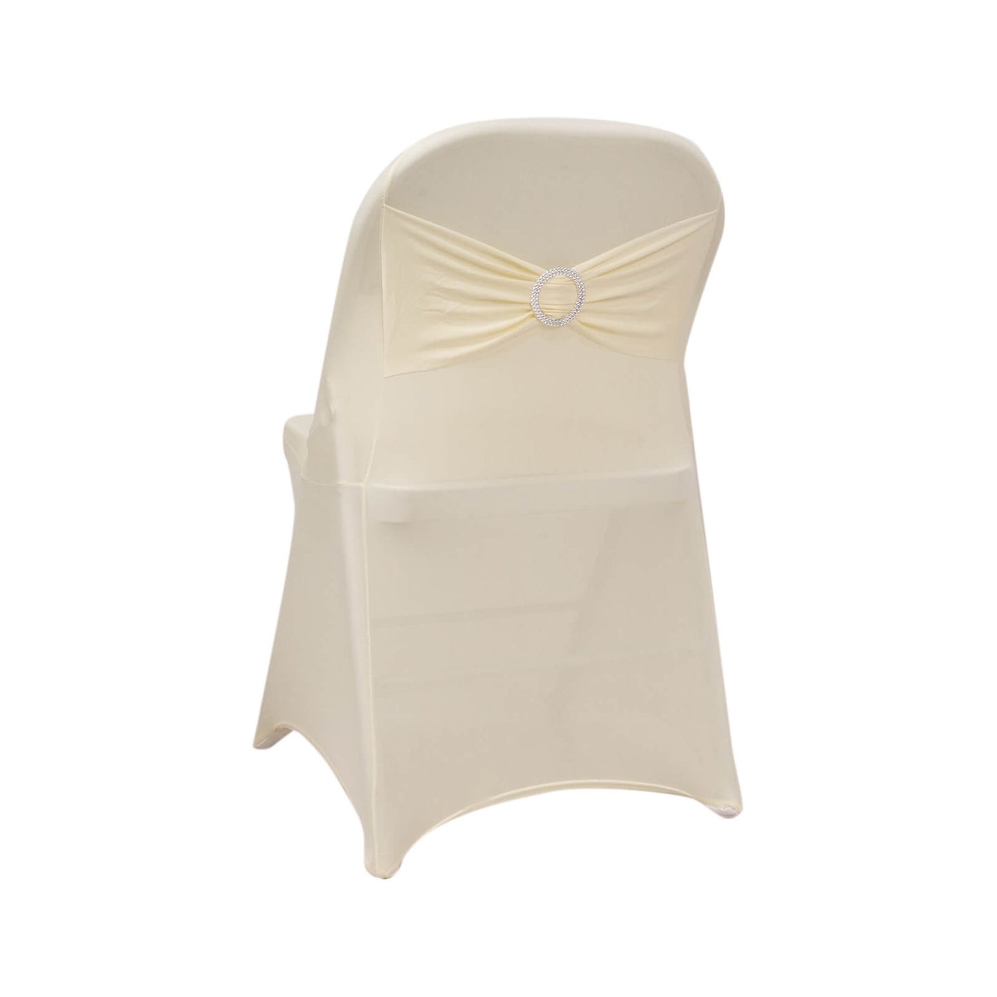 Ivory spandex folding chair cover with silver rhinestone sash.