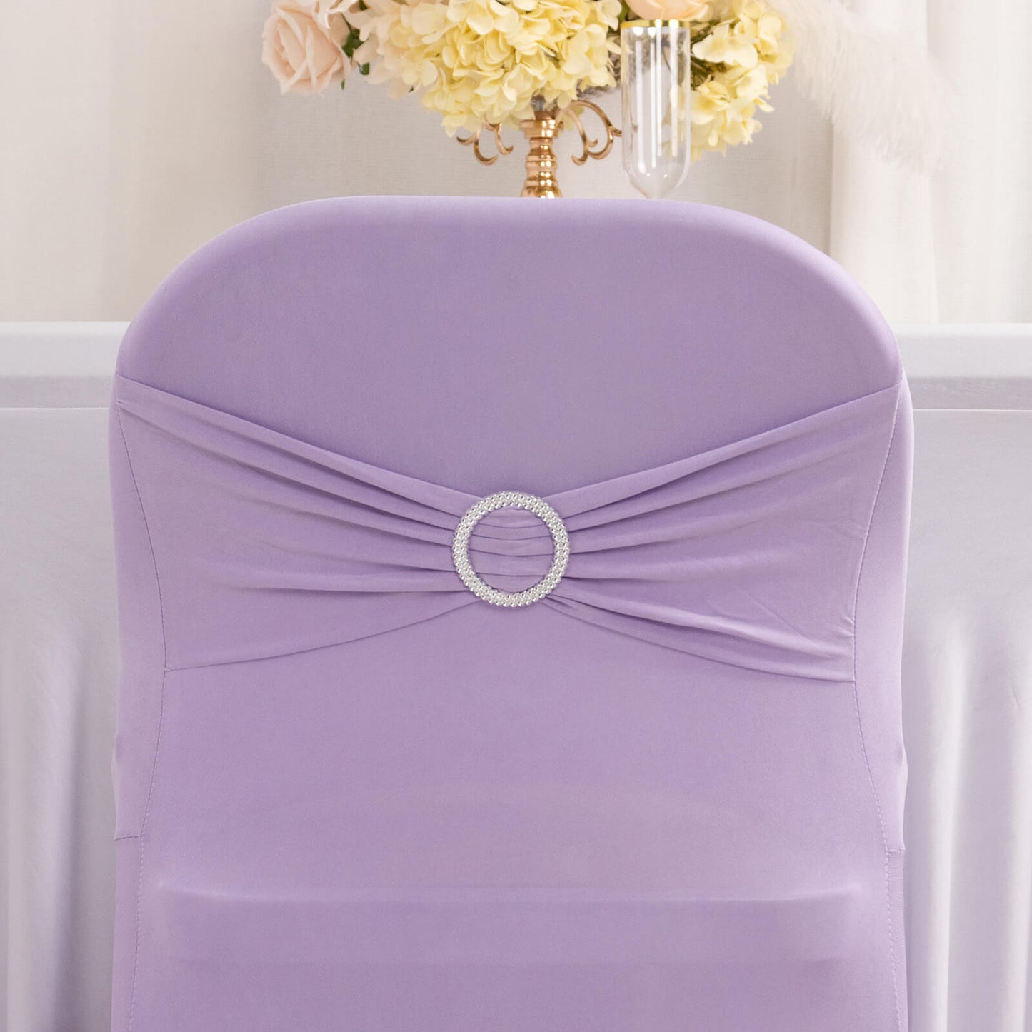 Lavender Lilac Spandex Folding Chair Cover with Silver Rhinestone Buckled Sash Band, Stretch Fitted Slip On Chair Cover