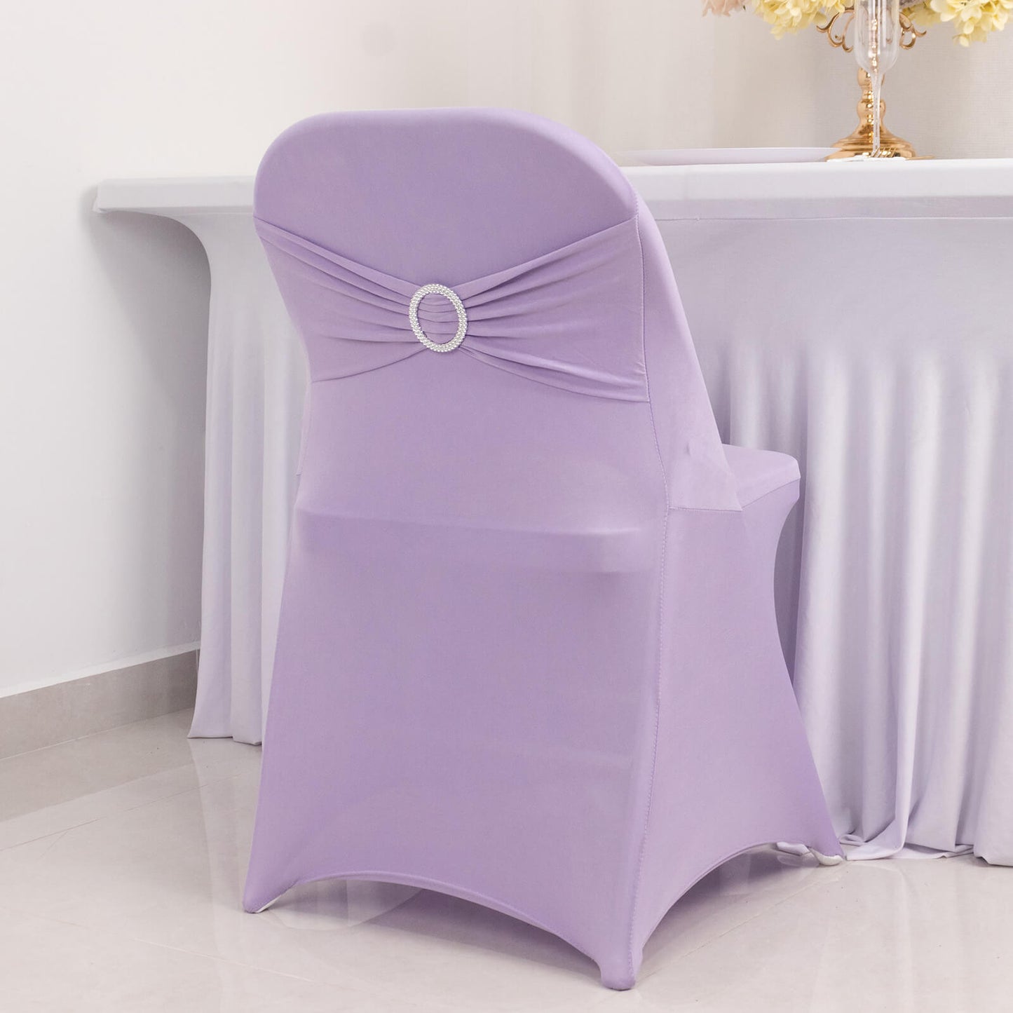 Lavender Lilac Spandex Folding Chair Cover with Silver Rhinestone Buckled Sash Band, Stretch Fitted Slip On Chair Cover