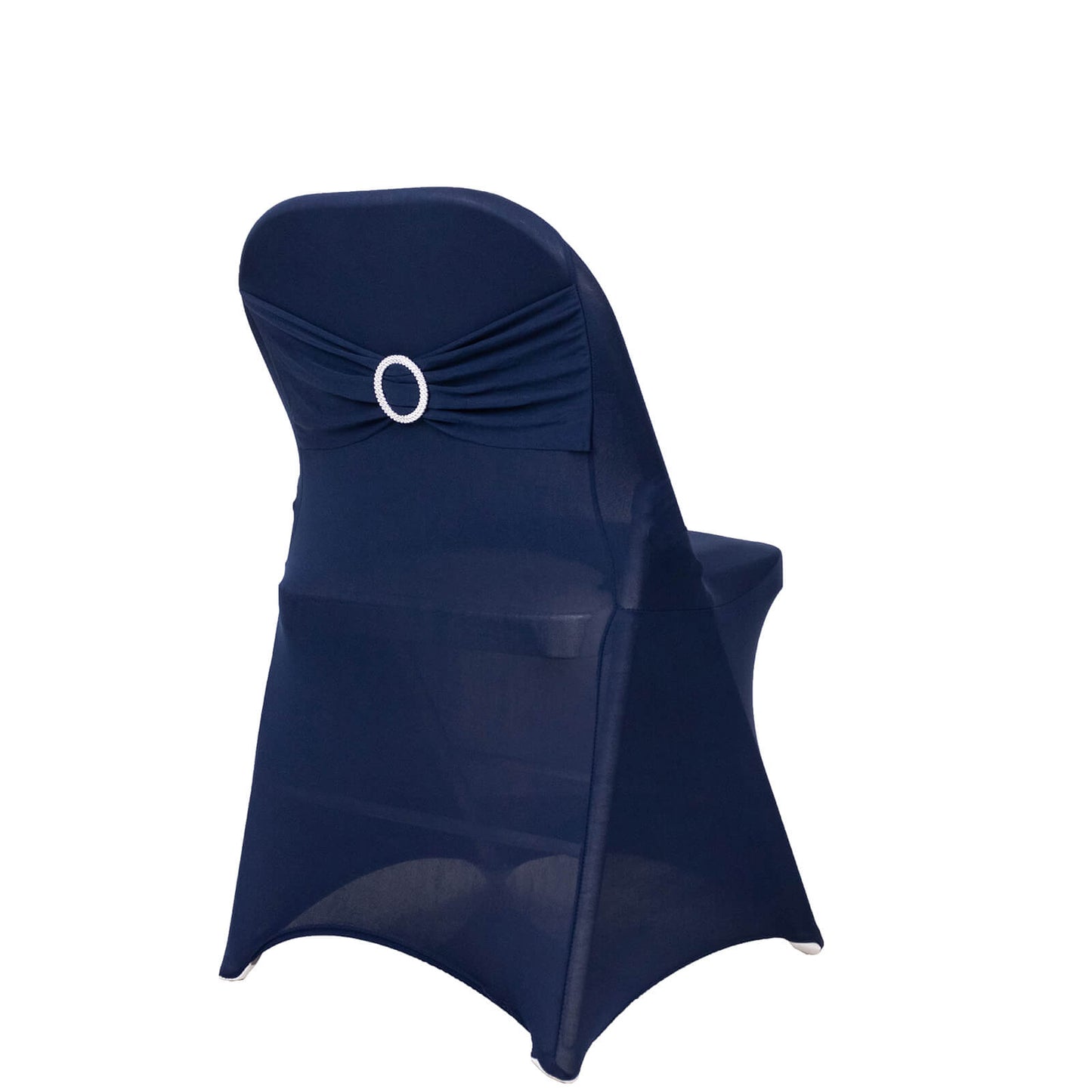 Navy blue spandex chair cover with silver rhinestone buckle sash.