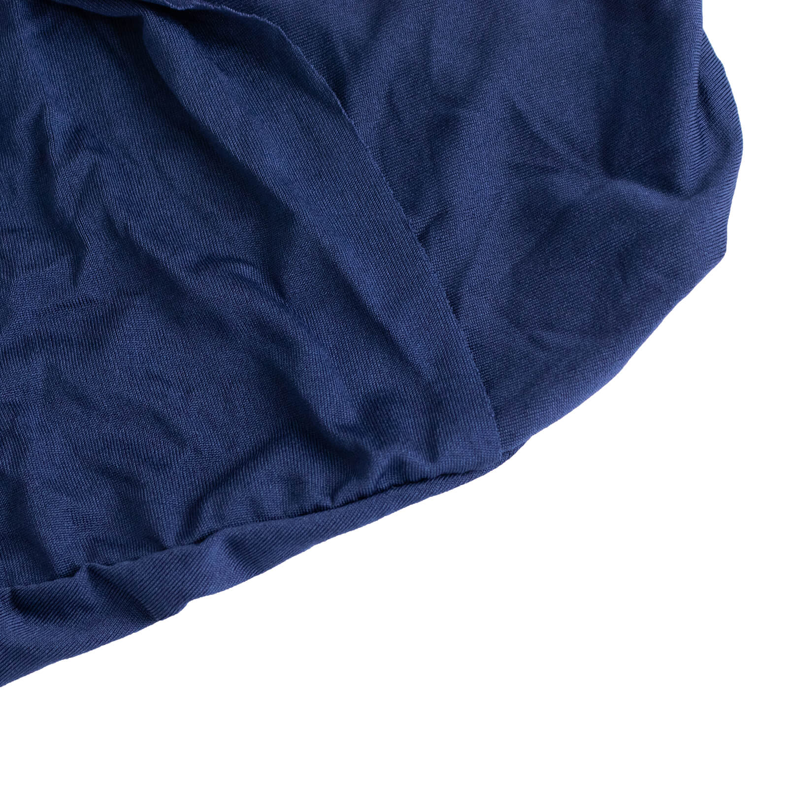 Navy blue spandex folding chair cover with rhinestone sash.