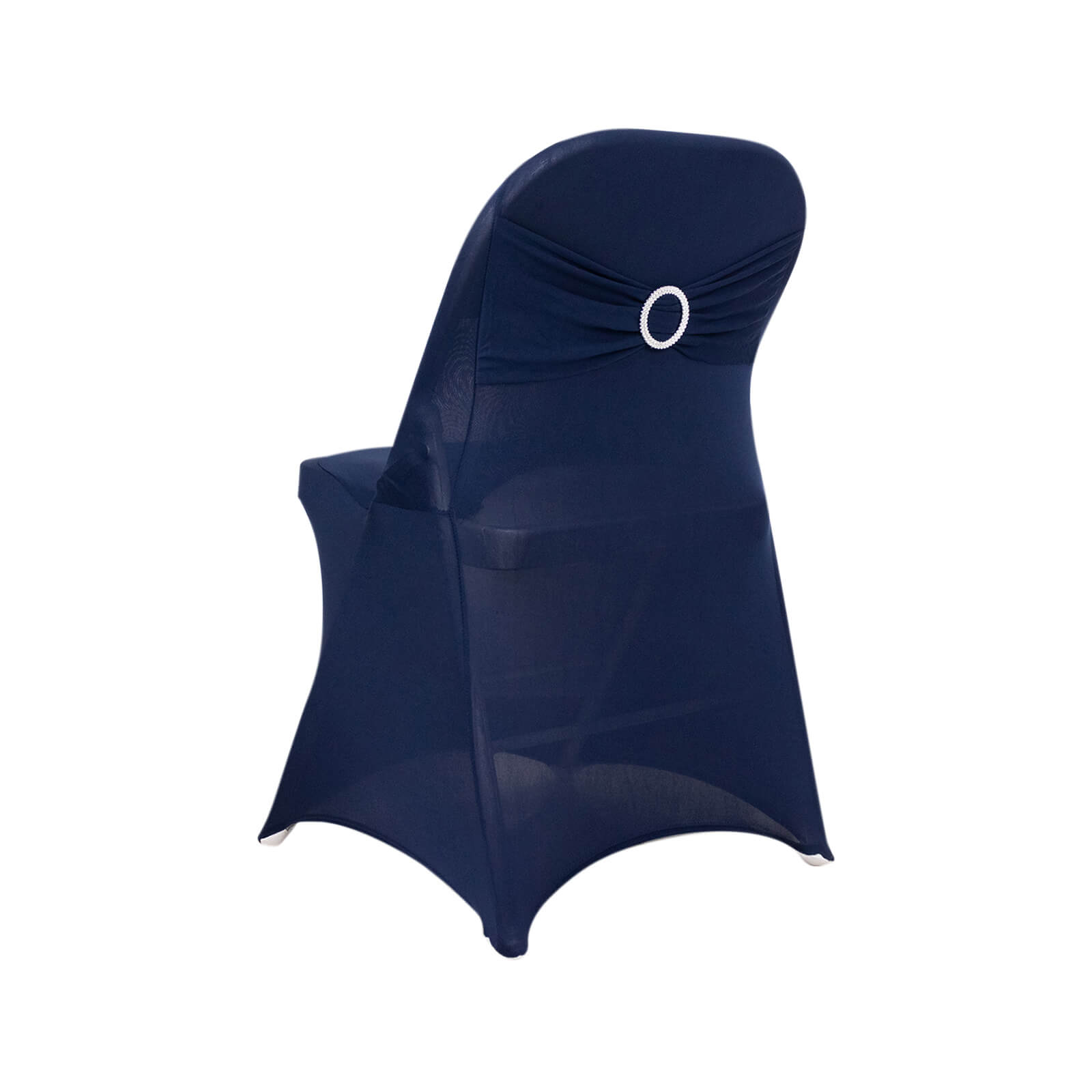Navy blue spandex folding chair cover with silver rhinestone sash.