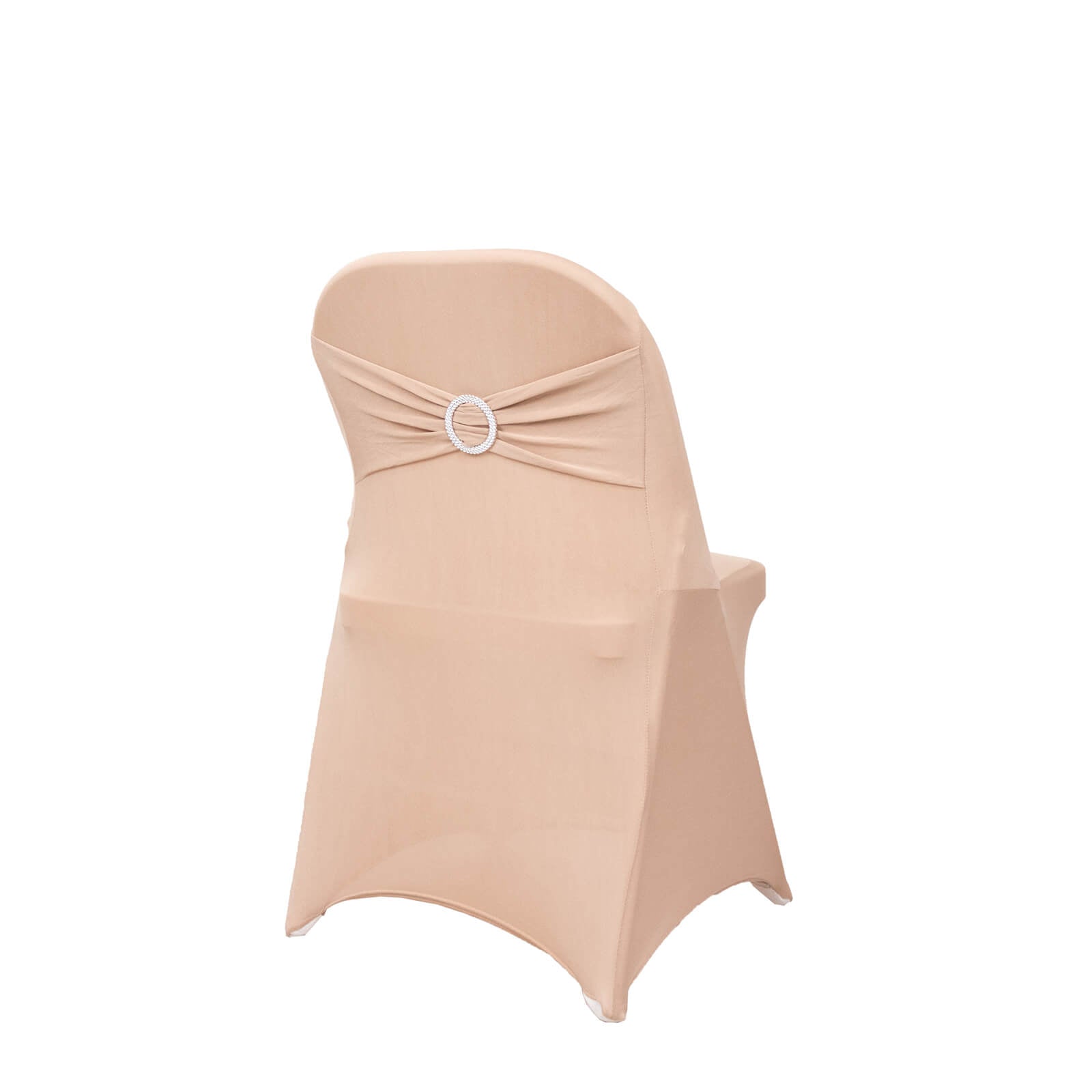 Nude spandex folding chair cover with rhinestone sash band.
