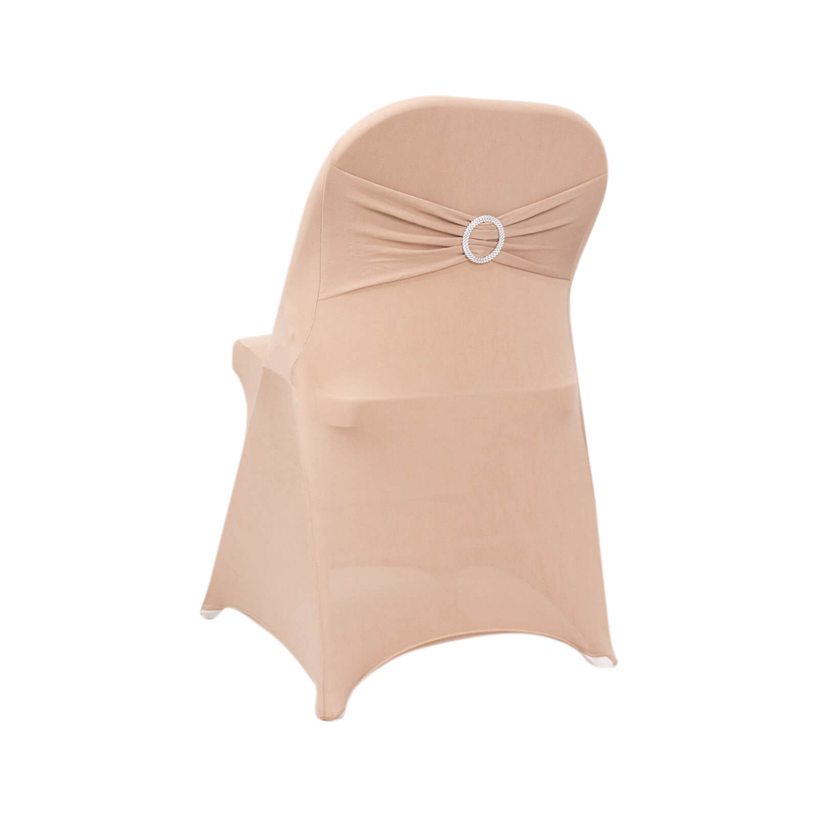 Nude spandex folding chair cover with rhinestone sash band.